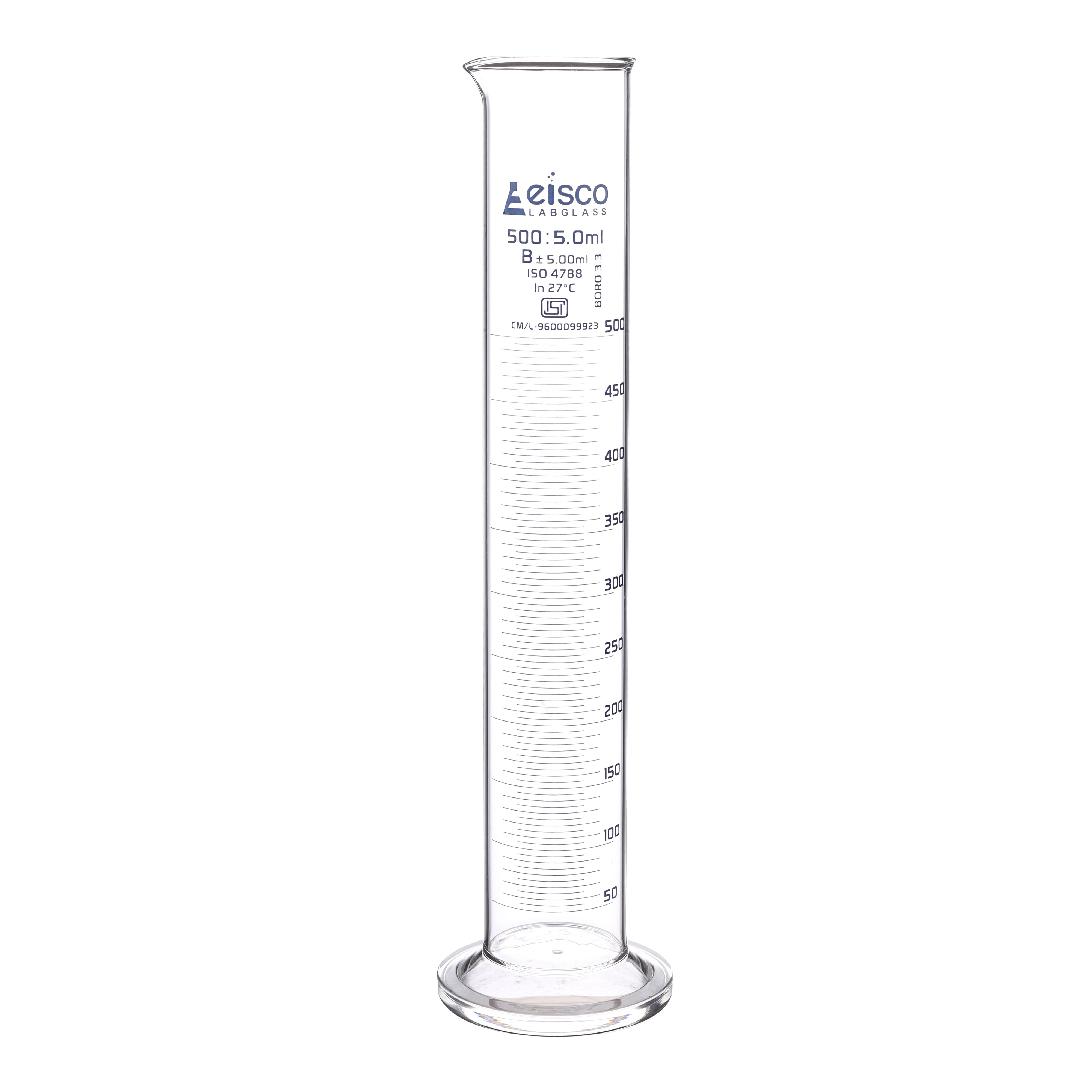 Cylinder Measuring Graduated, cap. 500ml., class 'B', round base with spout, borosilicate glass, Blue Graduation ISI Marked