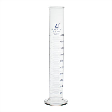 Cylinder Measuring Graduated, cap. 500ml., class 'B', round base with spout, borosilicate glass, Blue Graduation - eiscoindustrial