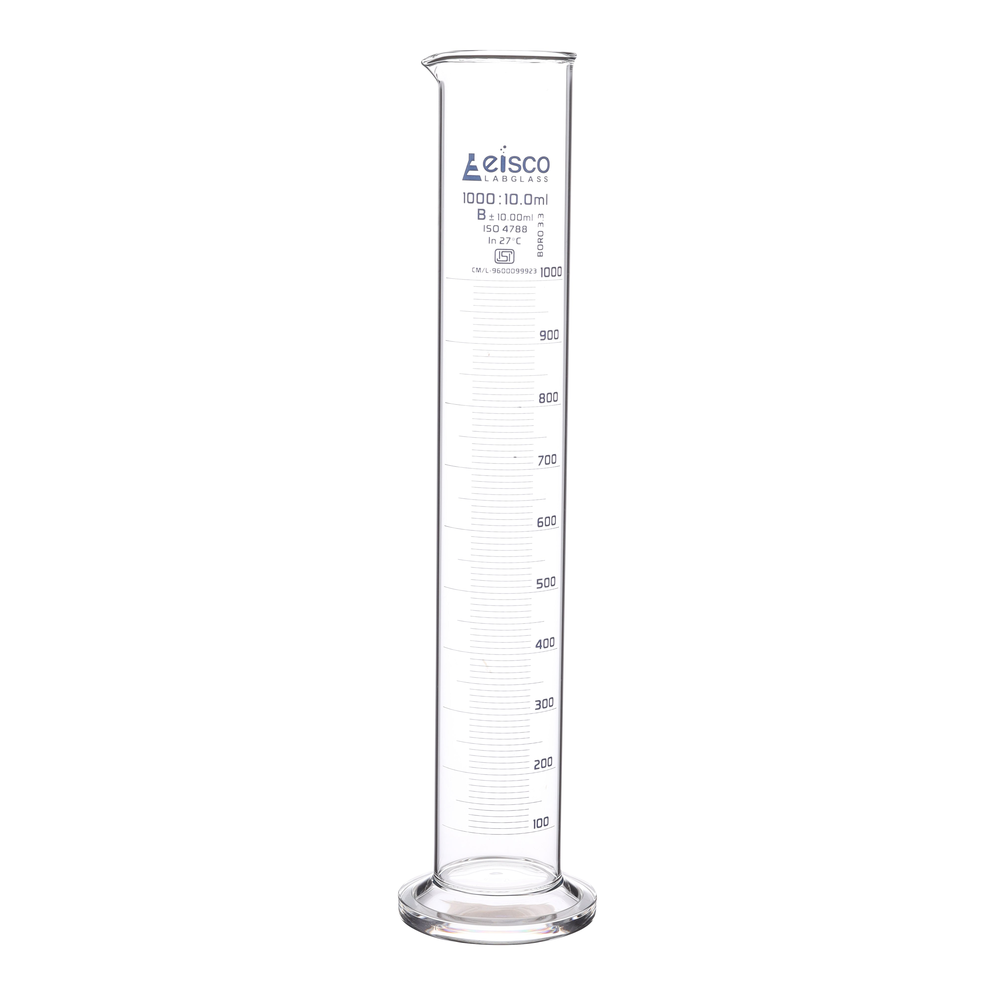 Cylinder Measuring Graduated, cap. 1000ml., class 'B', round base with spout, borosilicate glass, Blue Graduation ISI Marked