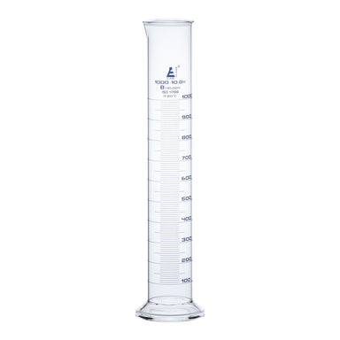 Cylinder Measuring Graduated, cap. 1000ml., class 'B', round base with spout, borosilicate glass, Blue Graduation - eiscoindustrial