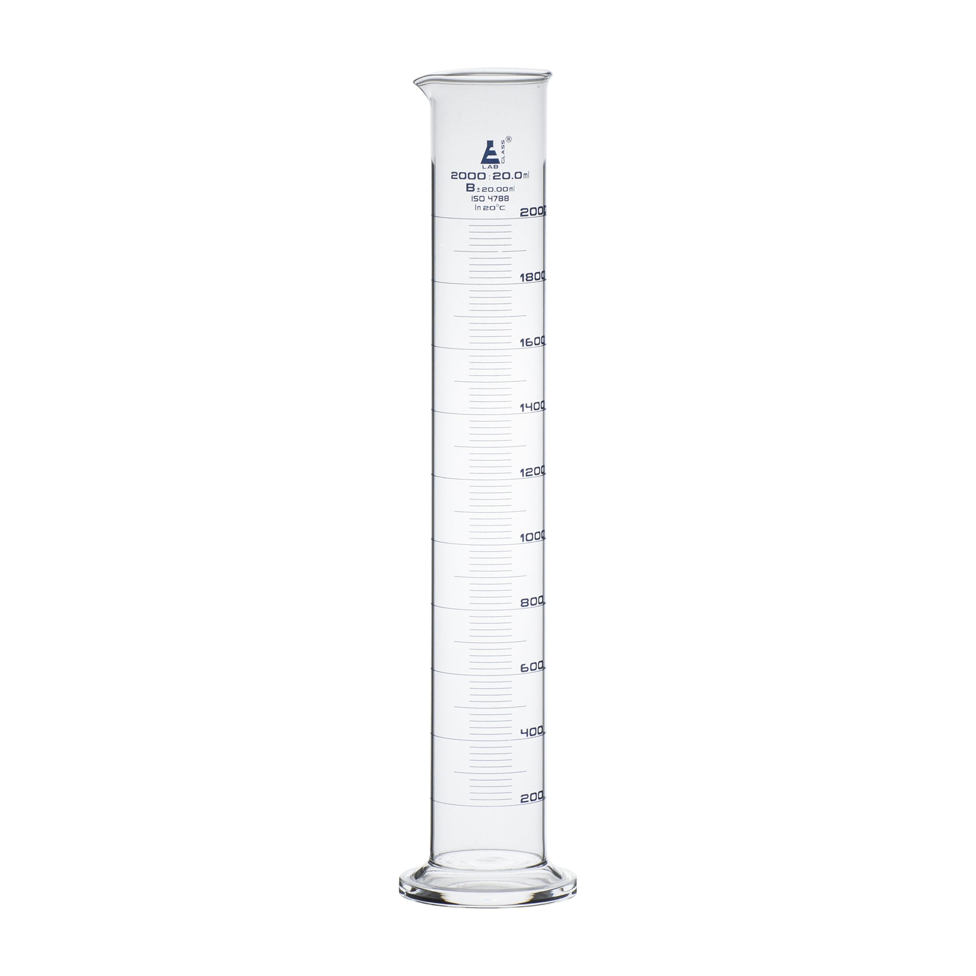 Cylinder Measuring Graduated, cap. 2000ml., class 'B', round base with spout, borosilicate glass, Blue Graduation - eiscoindustrial