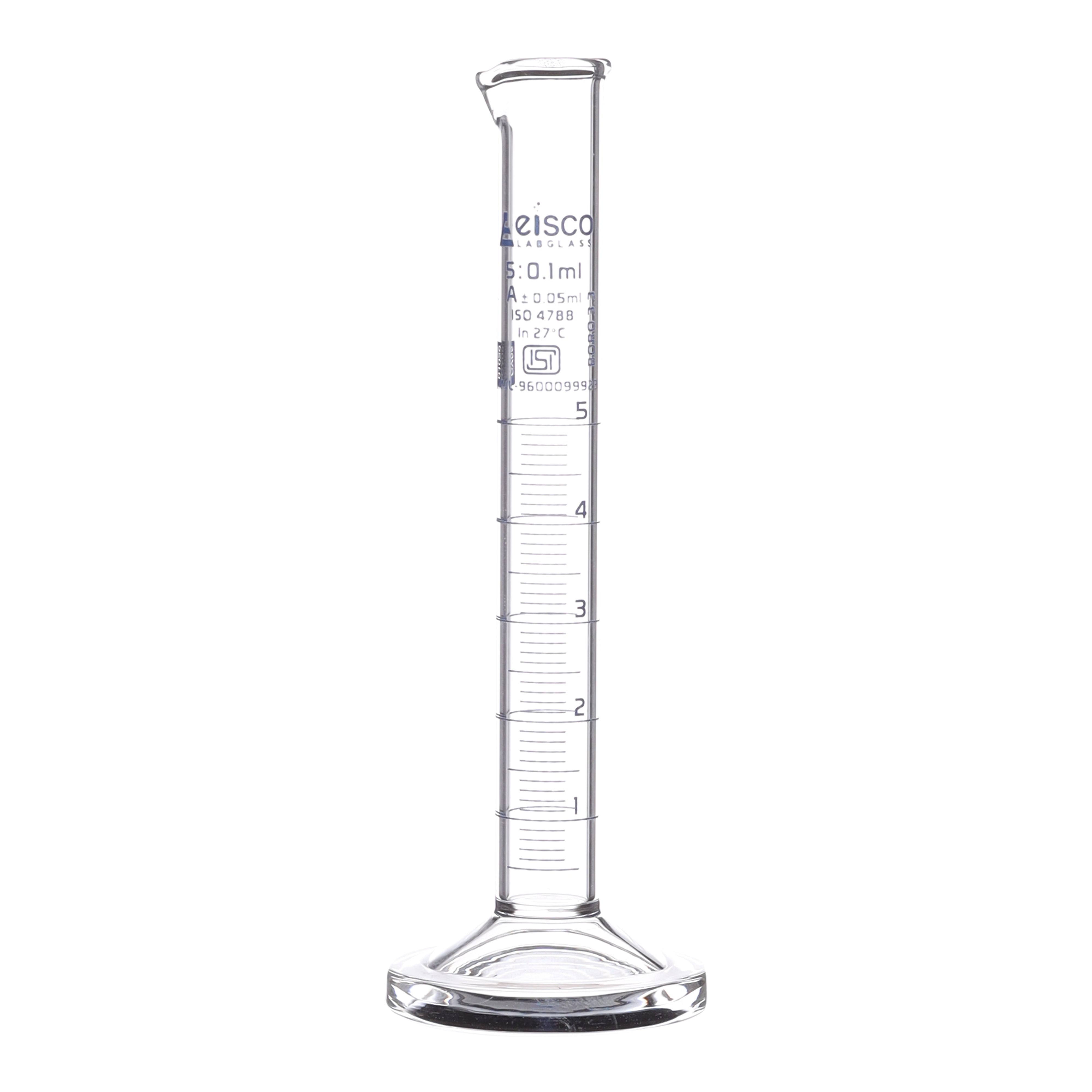 Cylinder Measuring Graduated, cap. 5ml., class 'A', round base with spout, borosilicate glass, White Graduation ISI