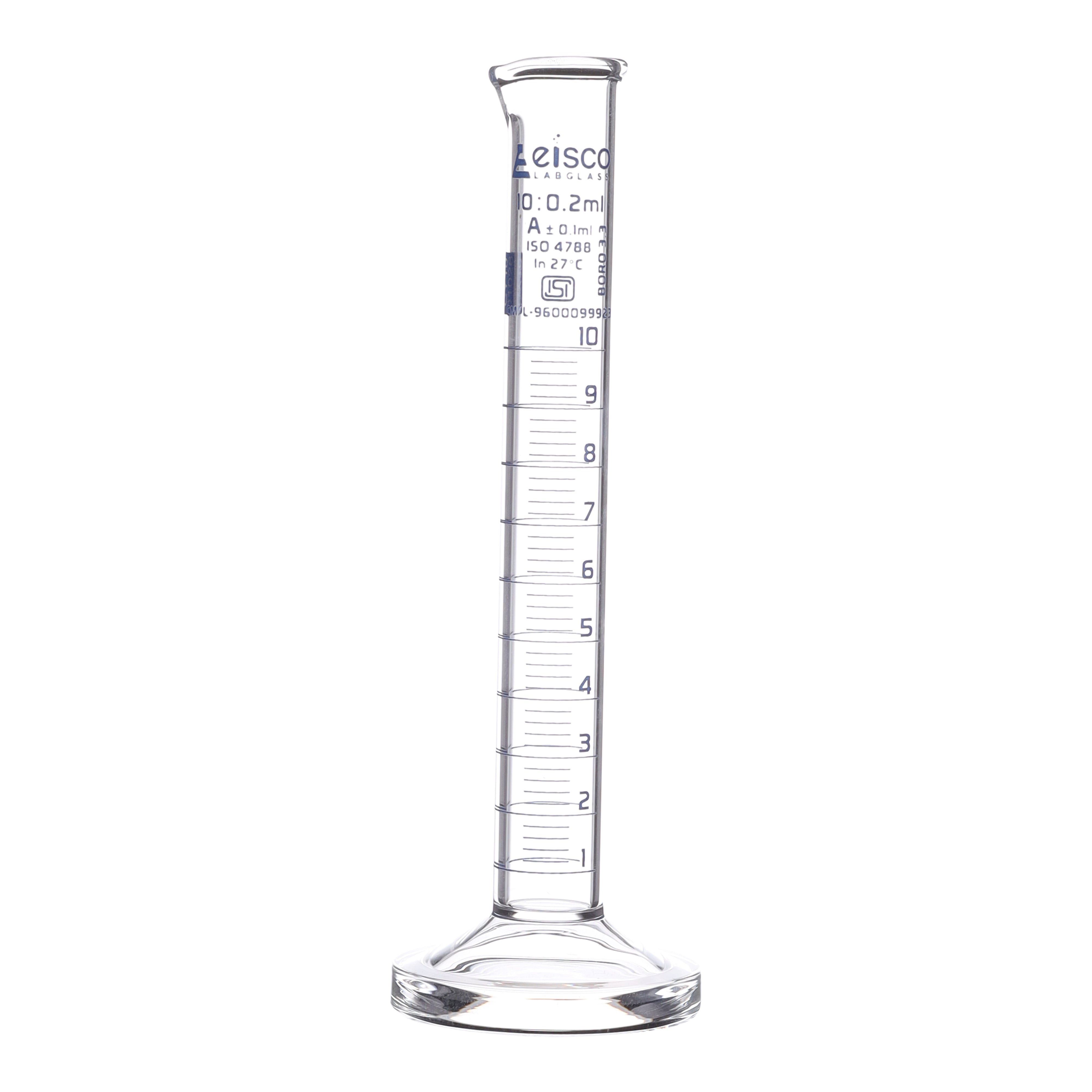 Cylinder Measuring Graduated, cap. 10ml., class 'A', round base with spout, borosilicate glass, White Graduation ISI Marked