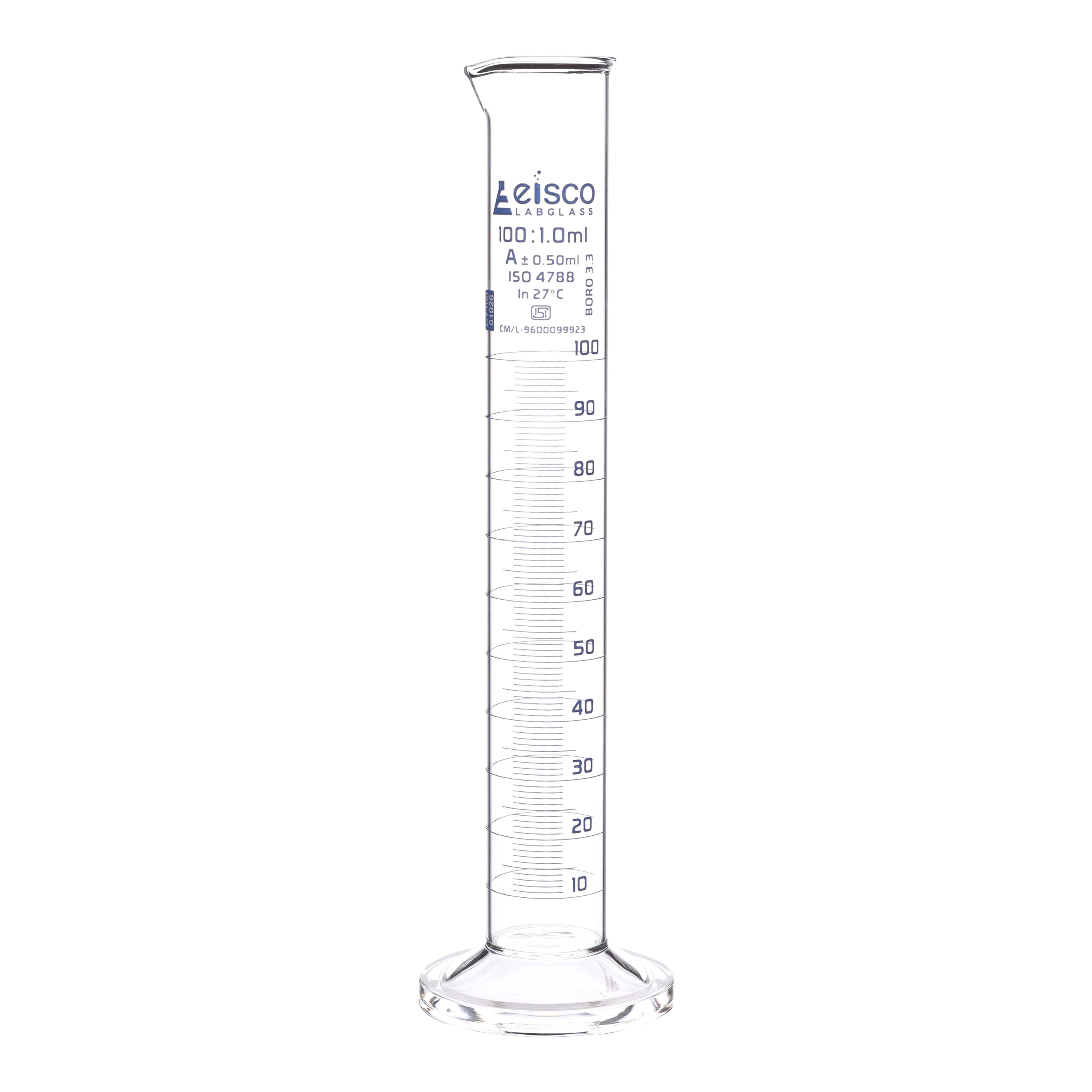 Cylinder Measuring Graduated, cap. 100ml., class 'A', round base with spout, borosilicate glass, Blue Graduation ISI