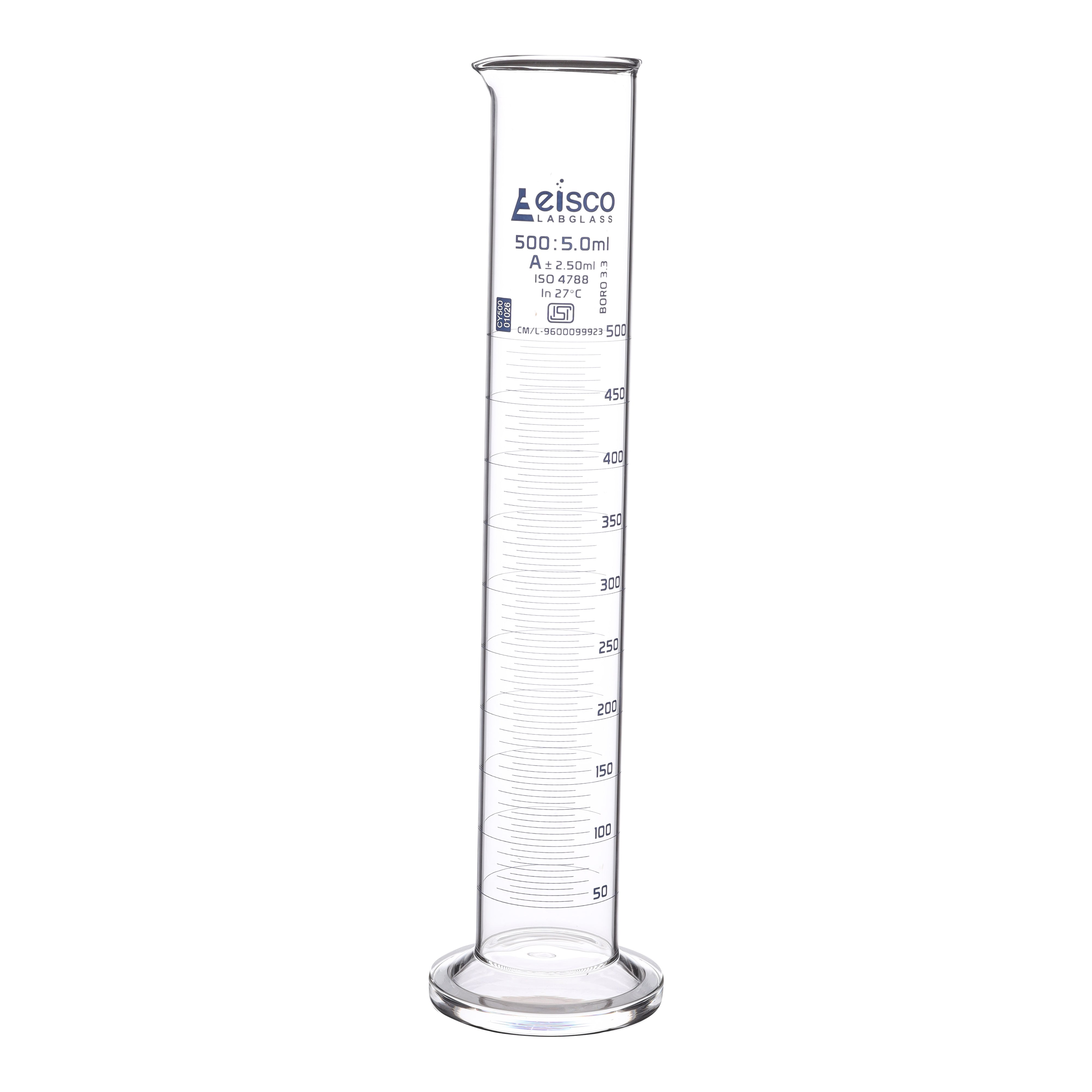 Cylinder Measuring Graduated, cap. 500ml., class 'A', round base with spout, borosilicate glass, Blue Graduation ISI