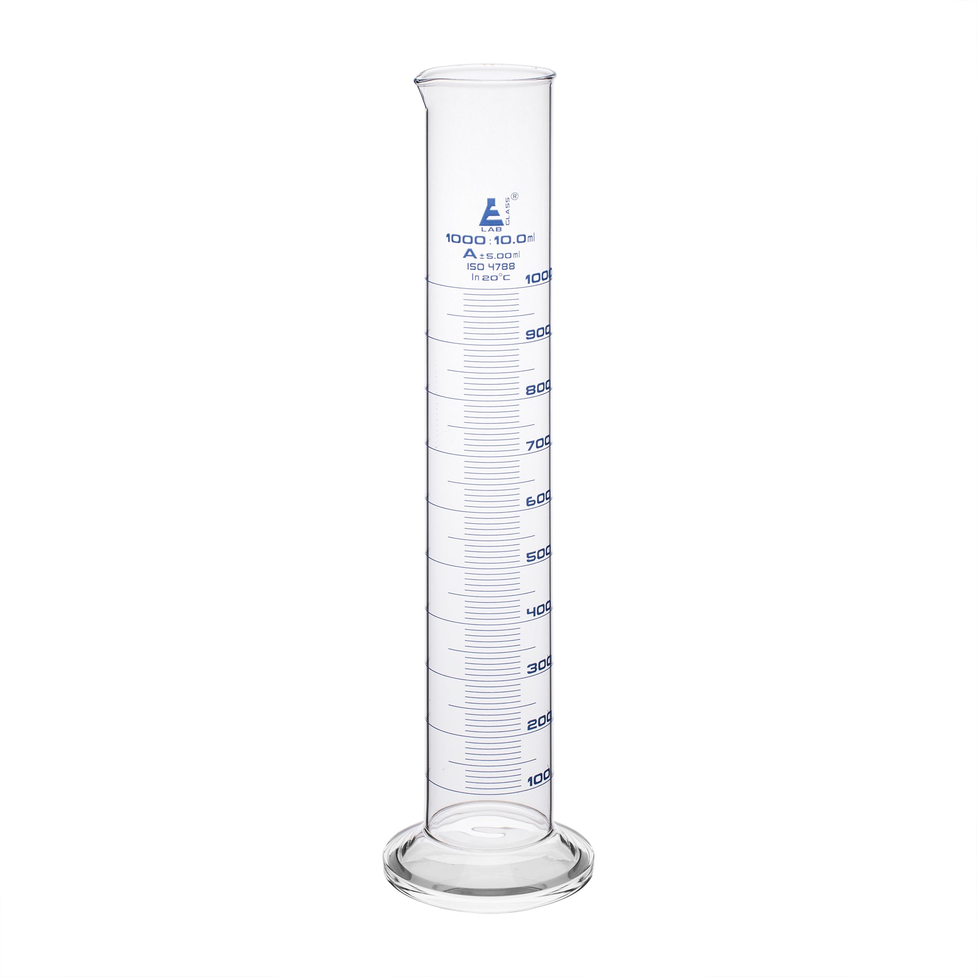 Cylinder Measuring Graduated, cap. 1000ml., class 'A', round base with spout, borosilicate glass, Blue Graduation - eiscoindustrial