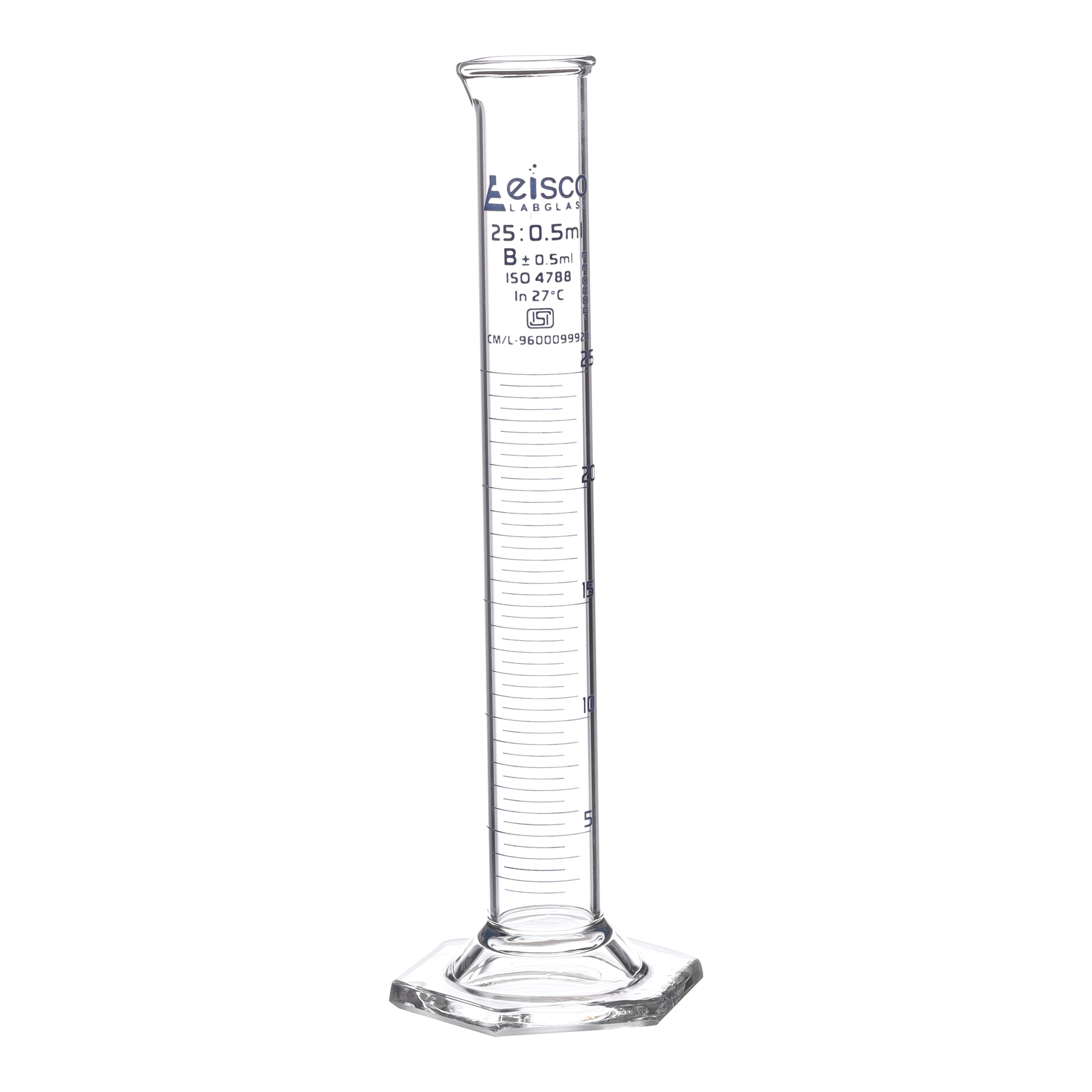 Cylinder Measuring Graduated, cap. 25ml., class 'B', Hex. base with spout, borosilicate glass, Blue Graduation ISI