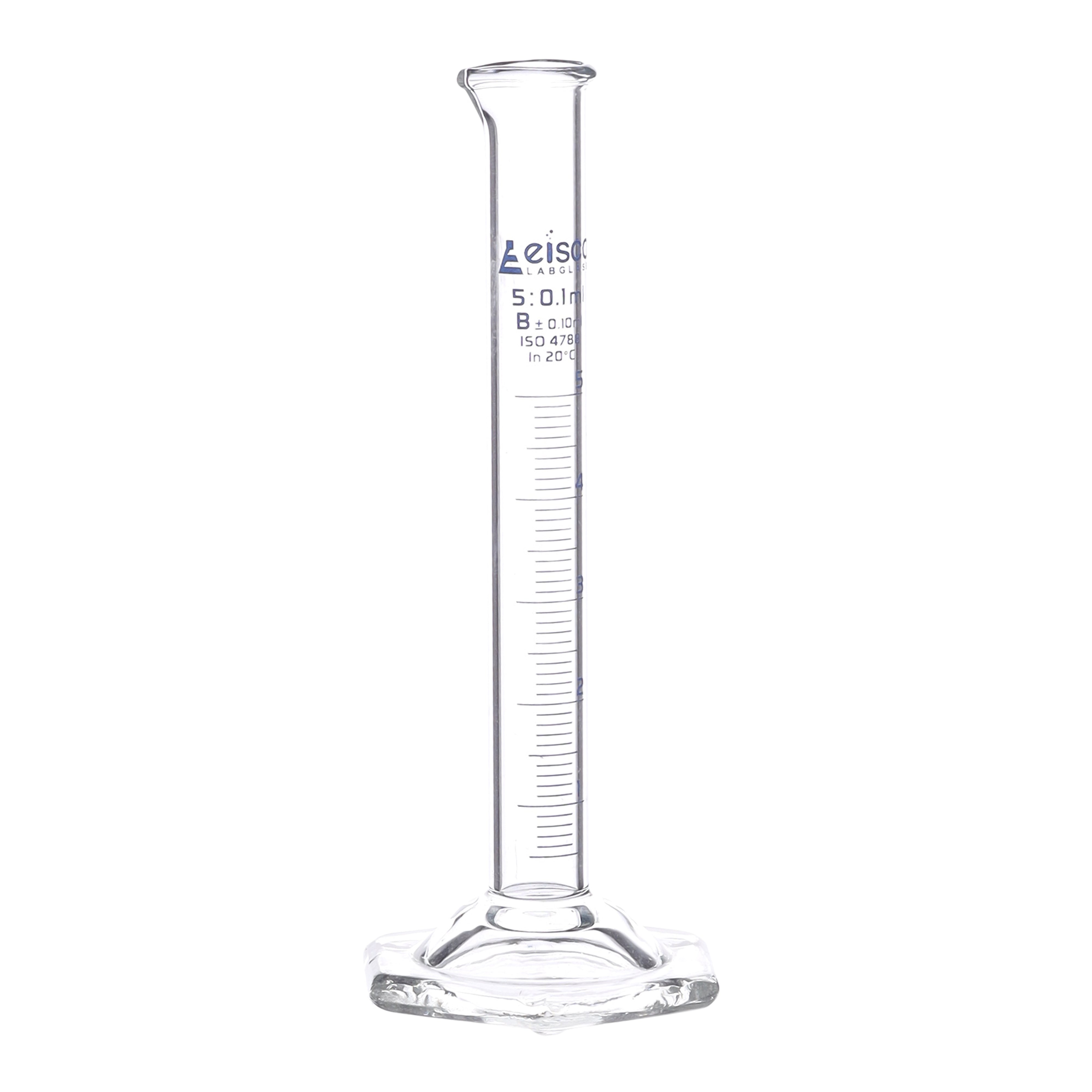 Cylinder Measuring Graduated, cap. 5ml., class 'B', Hex. base with spout, borosilicate glass, Blue Graduation - eiscoindustrial