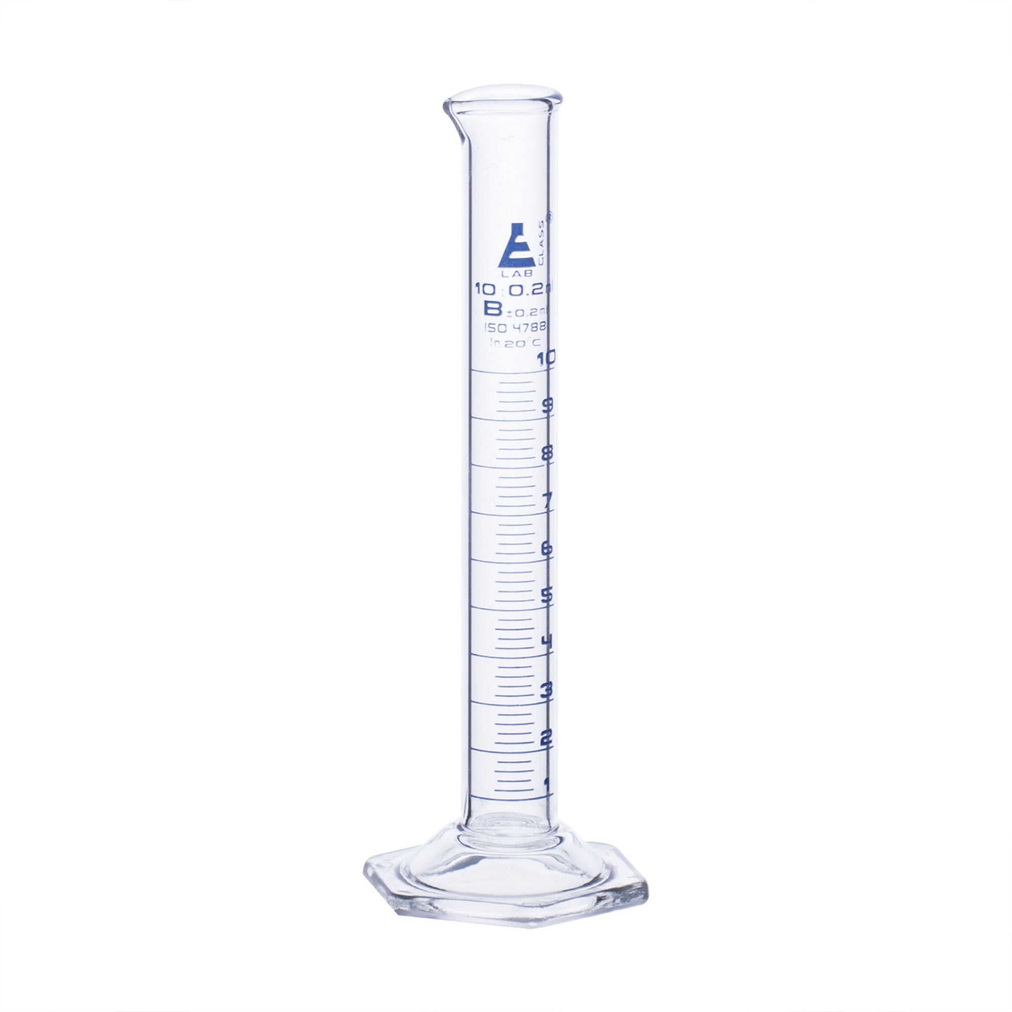 Cylinder Measuring Graduated, cap. 10ml., class 'B', Hex. base with spout, borosilicate glass, Blue Graduation - eiscoindustrial