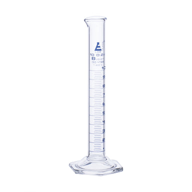 Cylinder Measuring Graduated, cap. 10ml., class 'B', Hex. base with spout, borosilicate glass, Blue Graduation - eiscoindustrial