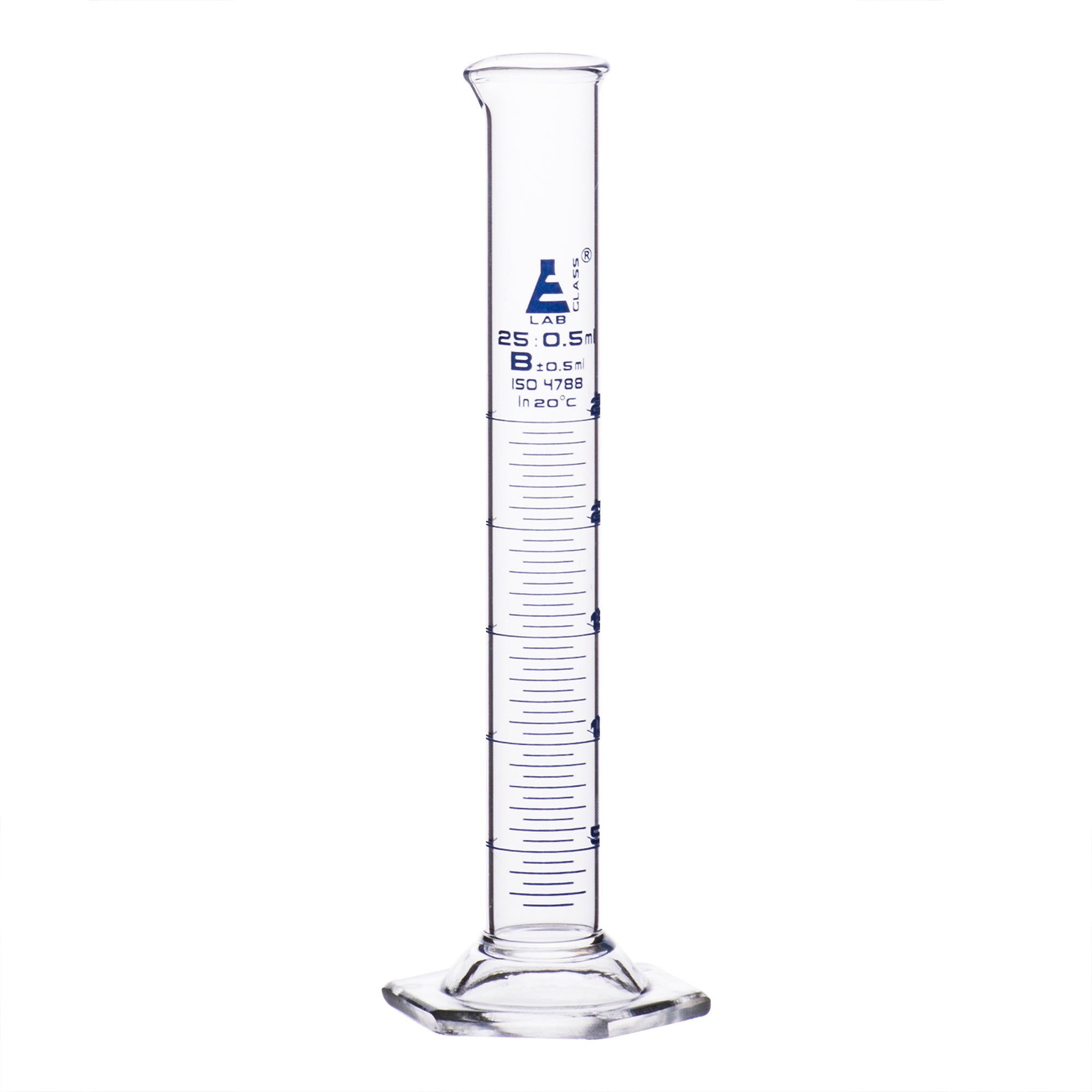 Cylinder Measuring Graduated, cap. 25ml., class 'B', Hex. base with spout, borosilicate glass, Blue Graduation - eiscoindustrial