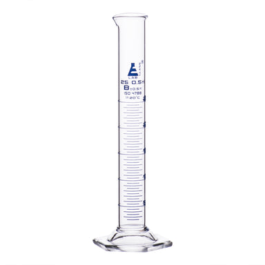 Cylinder Measuring Graduated, cap. 25ml., class 'B', Hex. base with spout, borosilicate glass, Blue Graduation - eiscoindustrial