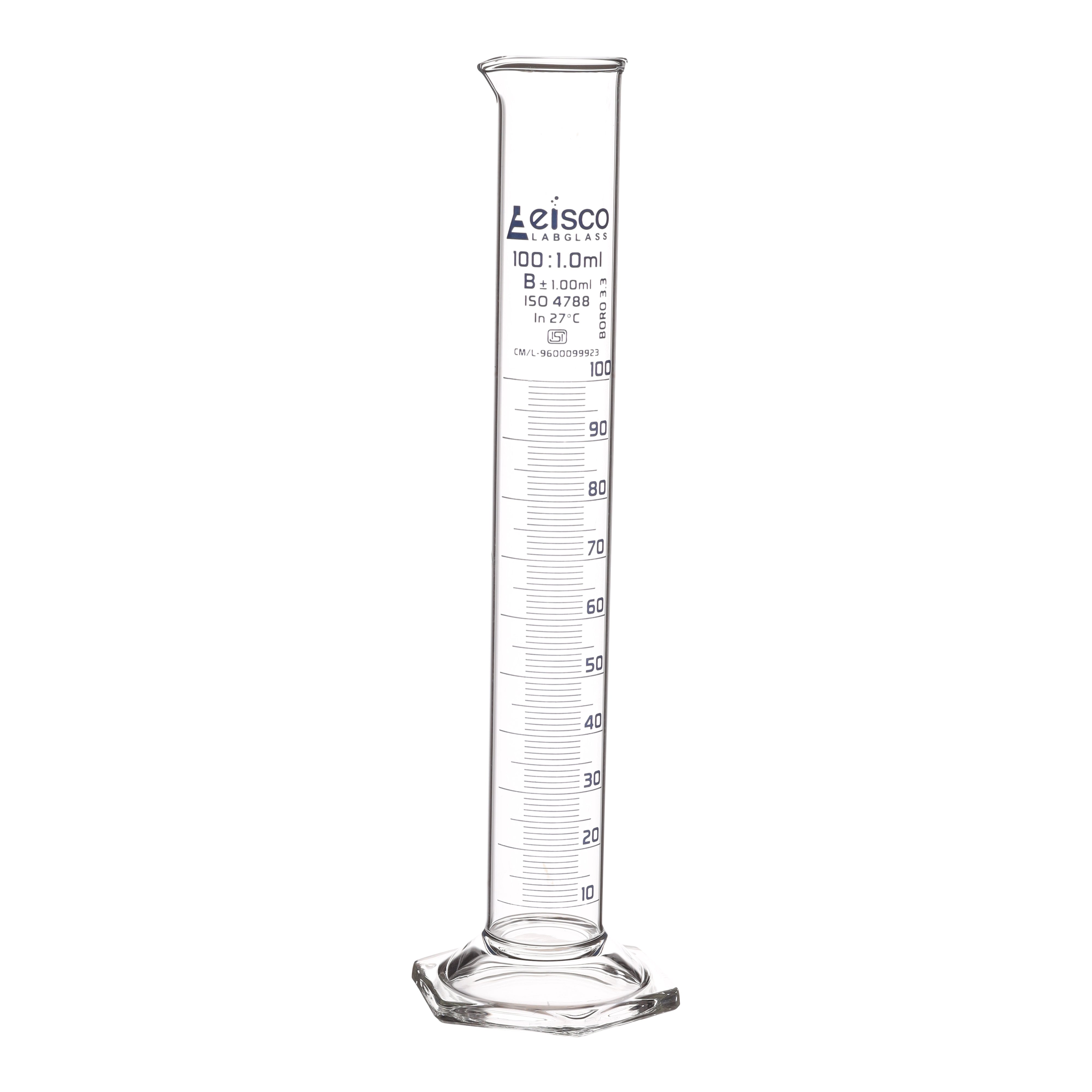 Cylinder Measuring Graduated, cap. 100ml., class 'B', Hex. base with spout, borosilicate glass, Blue Graduation ISI