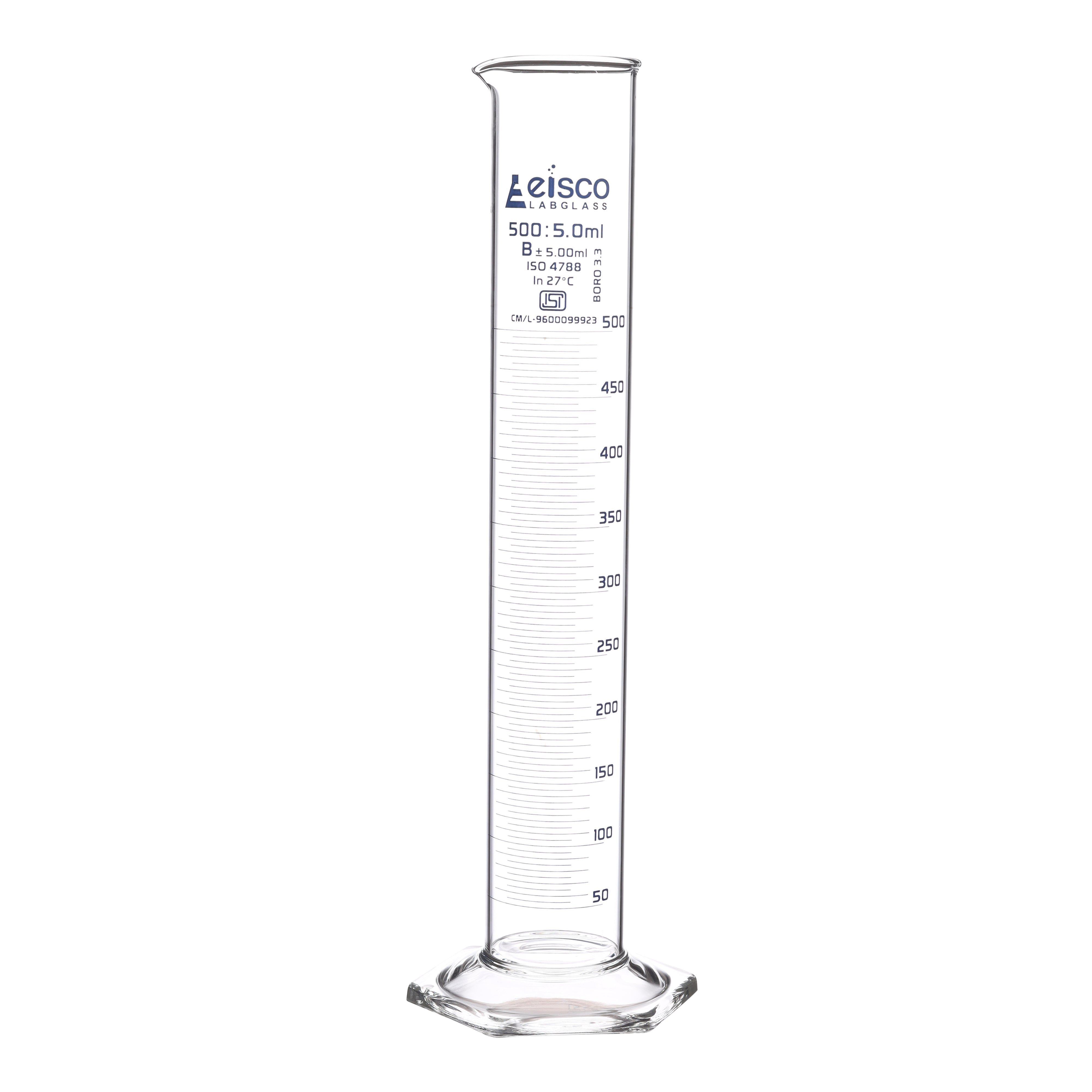 Cylinder Measuring Graduated, cap. 500ml., class 'B', Hex. base with spout, borosilicate glass, Blue Graduation ISI