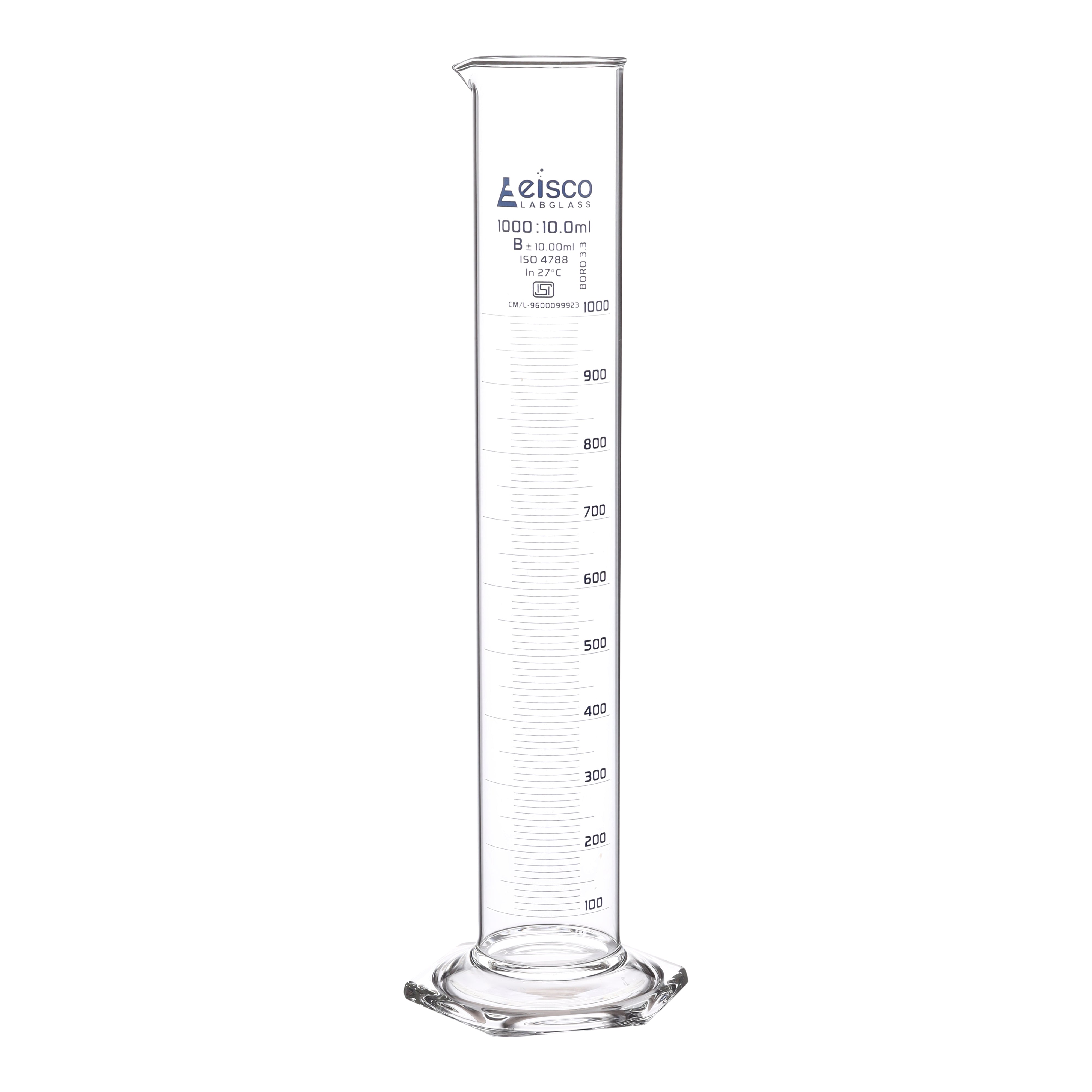 Cylinder Measuring Graduated, cap. 1000ml., class 'B', Hex. base with spout, borosilicate glass, Blue Graduation ISI