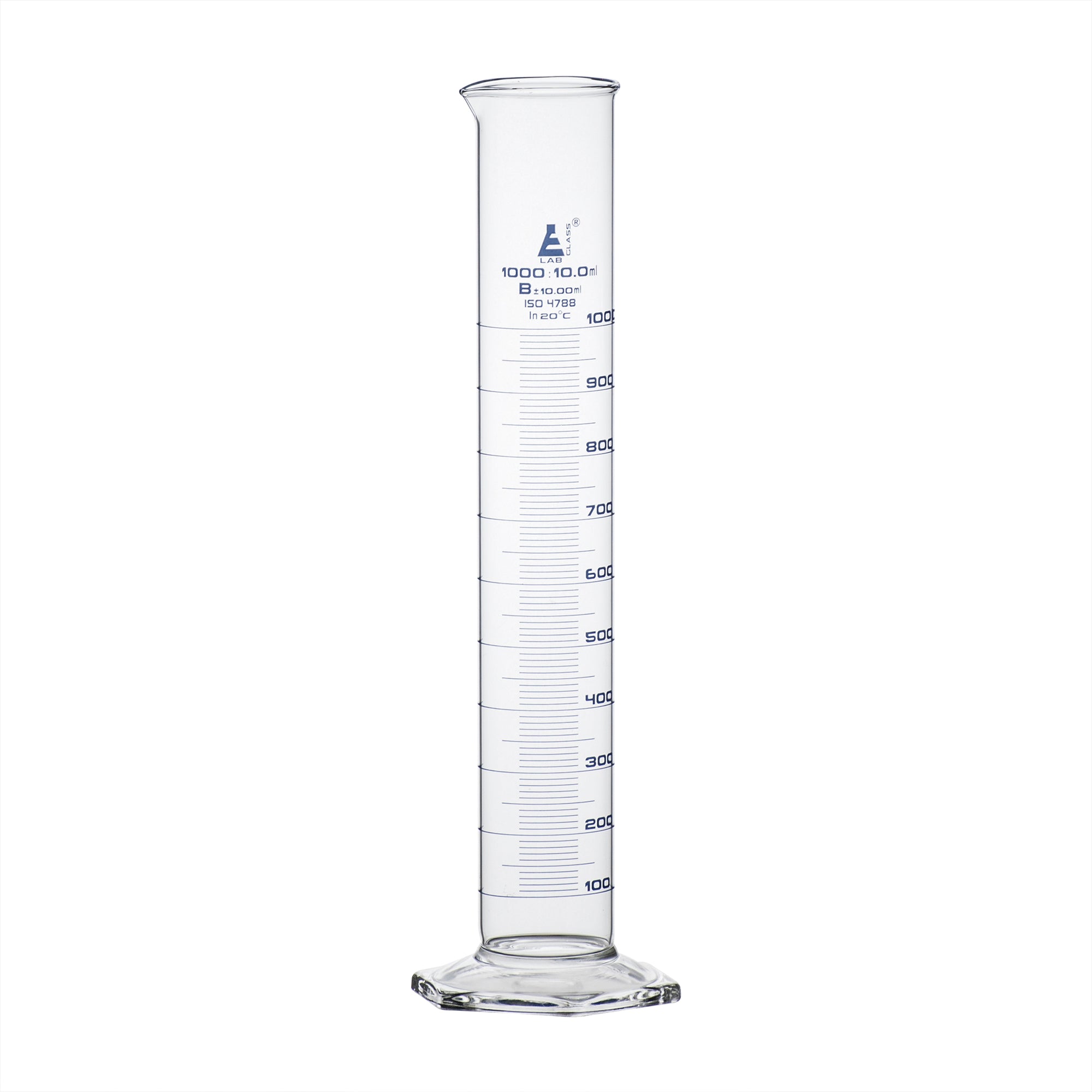 Cylinder Measuring Graduated, cap. 1000ml., class 'B', Hex. base with spout, borosilicate glass, Blue Graduation - eiscoindustrial