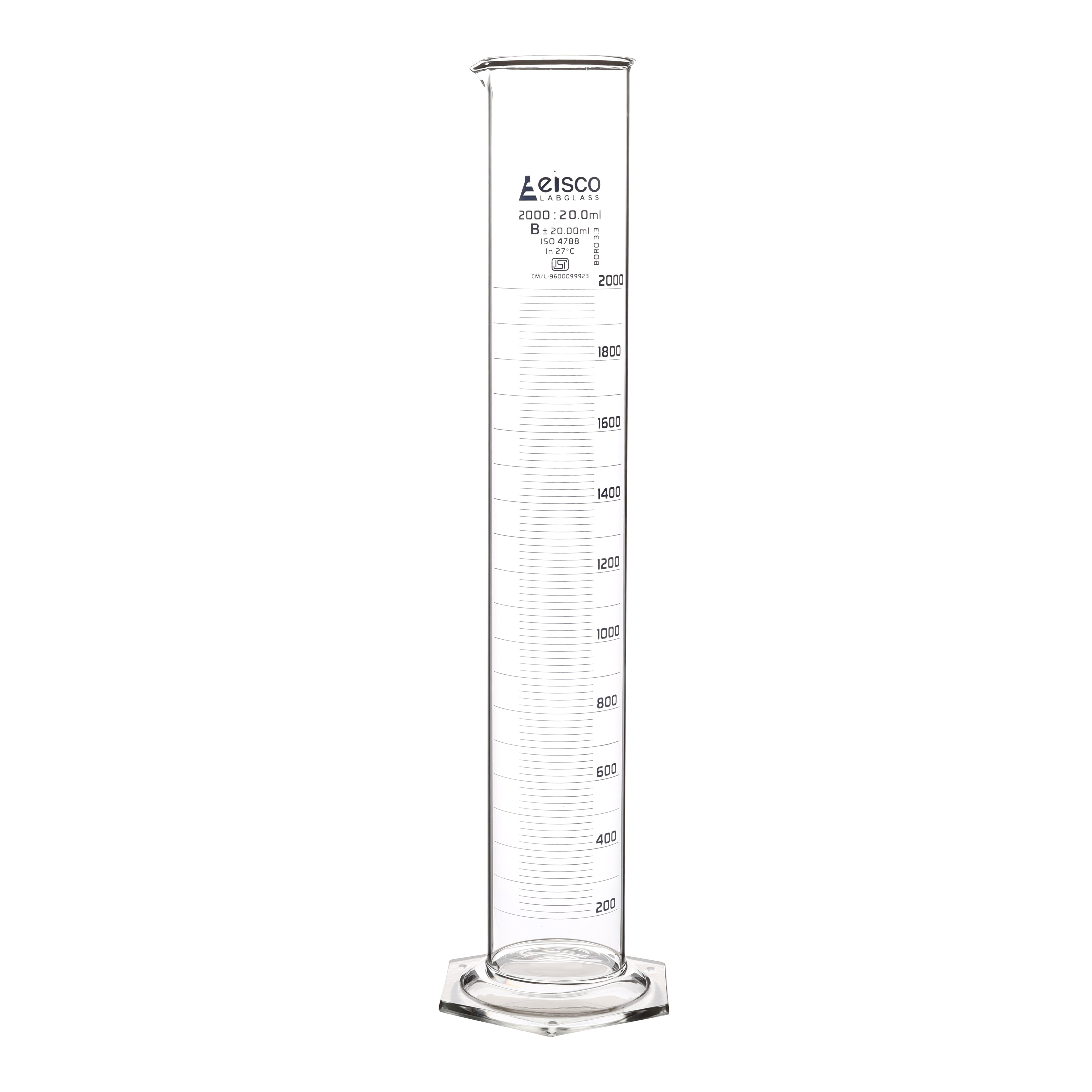 Cylinder Measuring Graduated, cap. 2000ml., class 'B', Hex. base with spout, borosilicate glass, Blue Graduation ISI