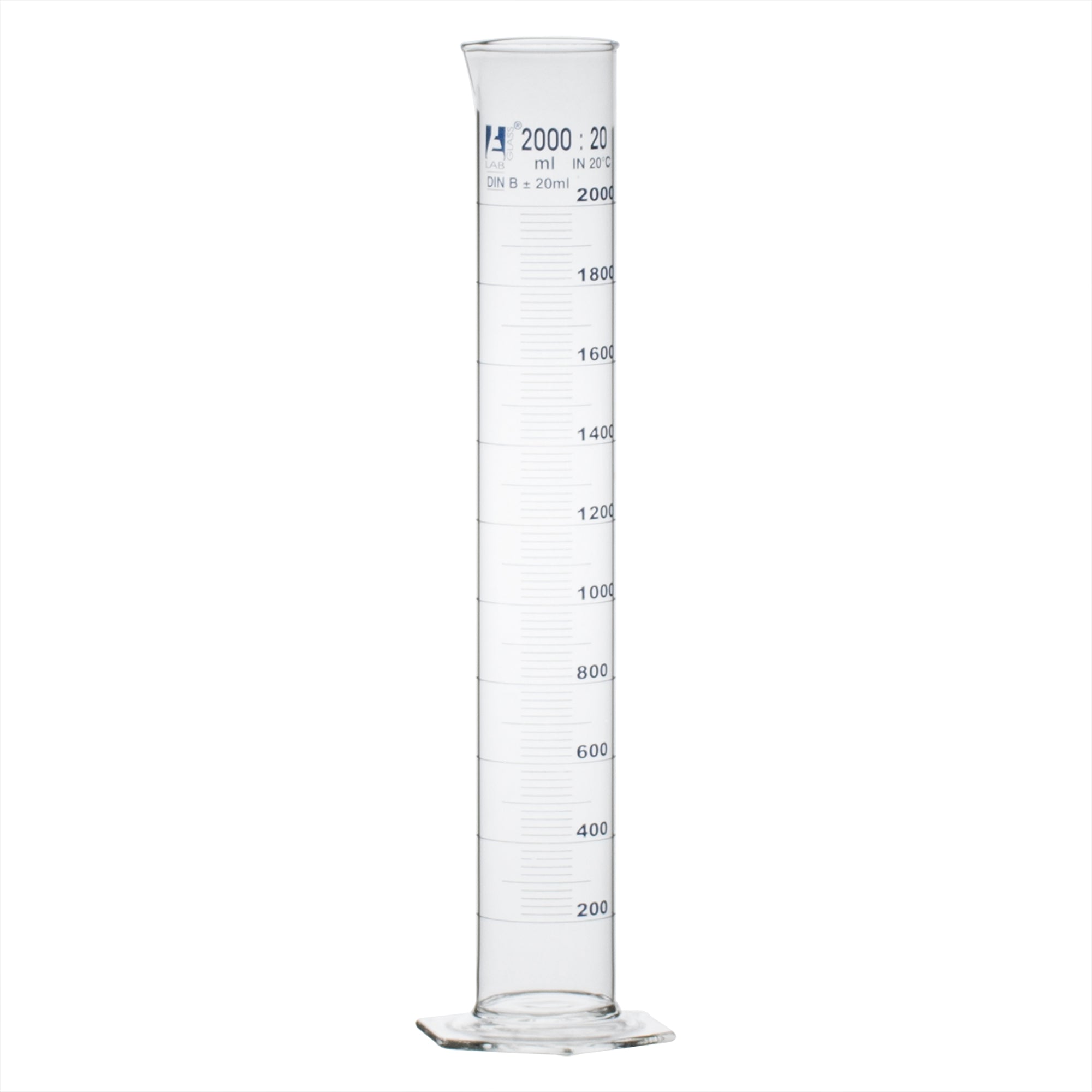 Cylinder Measuring Graduated, cap. 2000ml., class 'B', Hex. base with spout, borosilicate glass, Blue Graduation - eiscoindustrial