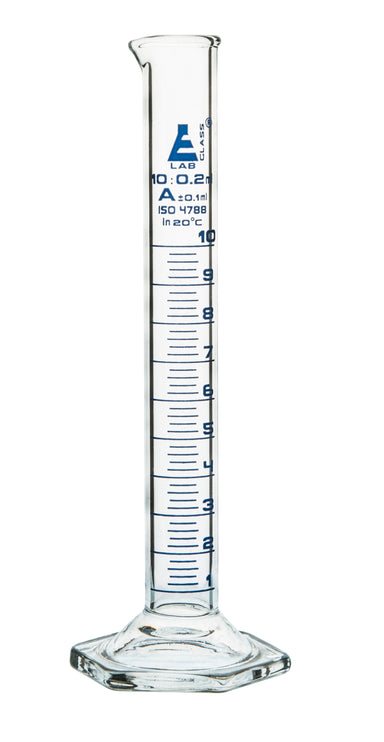 Cylinder Measuring Graduated, cap. 10ml., class 'A', Hex. base with spout, borosilicate glass, Blue Graduation - eiscoindustrial