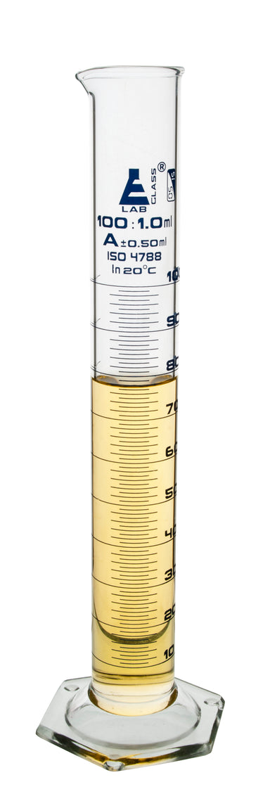 Cylinder Measuring Graduated, cap. 100ml., class 'A', Hex. base with spout, borosilicate glass, Blue Graduation - eiscoindustrial