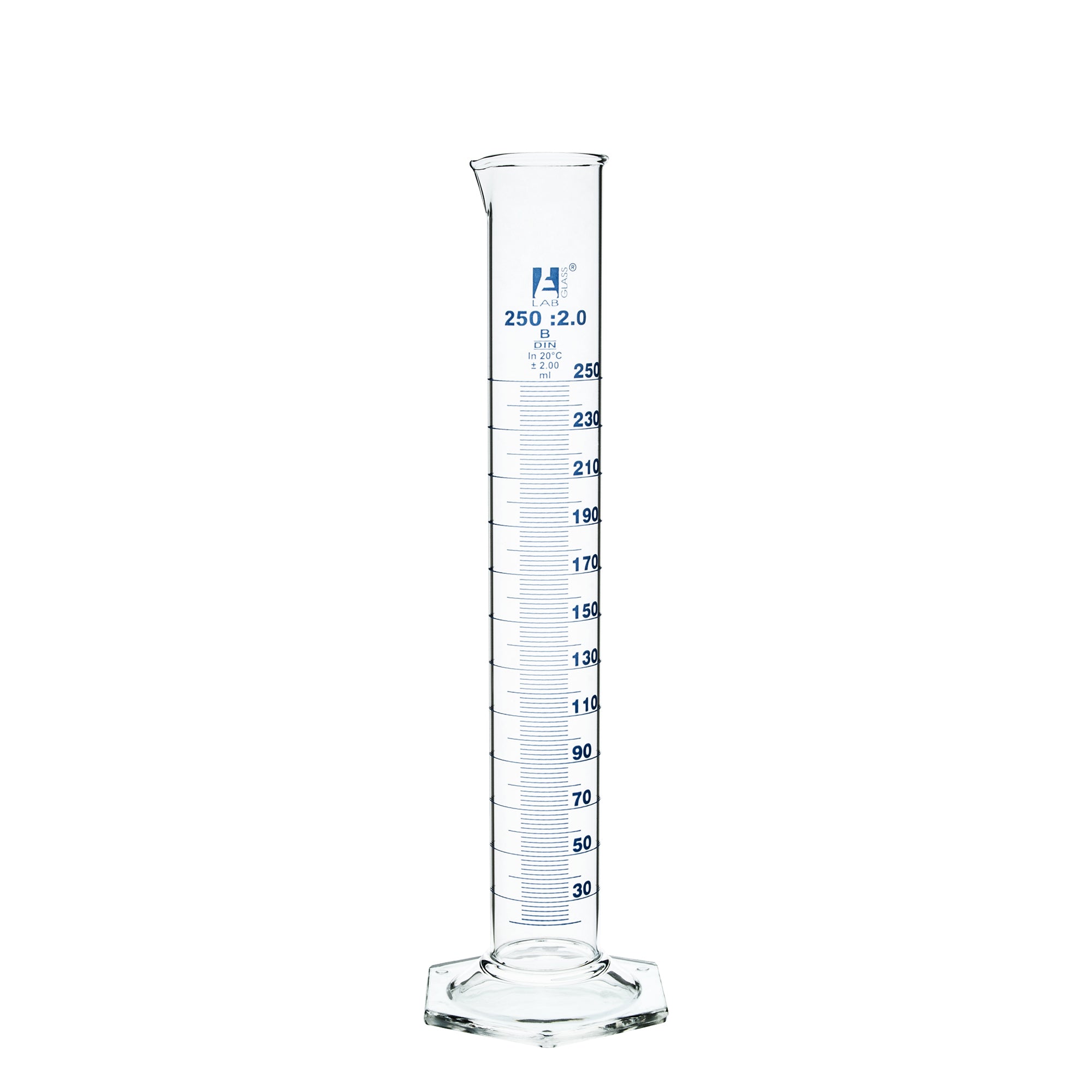 Cylinder Measuring Graduated, cap. 250ml., class 'A', Hex. base with spout, borosilicate glass, Blue Graduation - eiscoindustrial