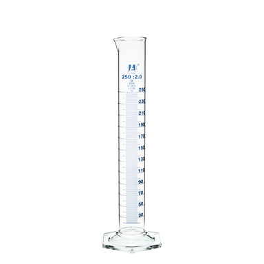 Cylinder Measuring Graduated, cap. 250ml., class 'A', Hex. base with spout, borosilicate glass, Blue Graduation - eiscoindustrial