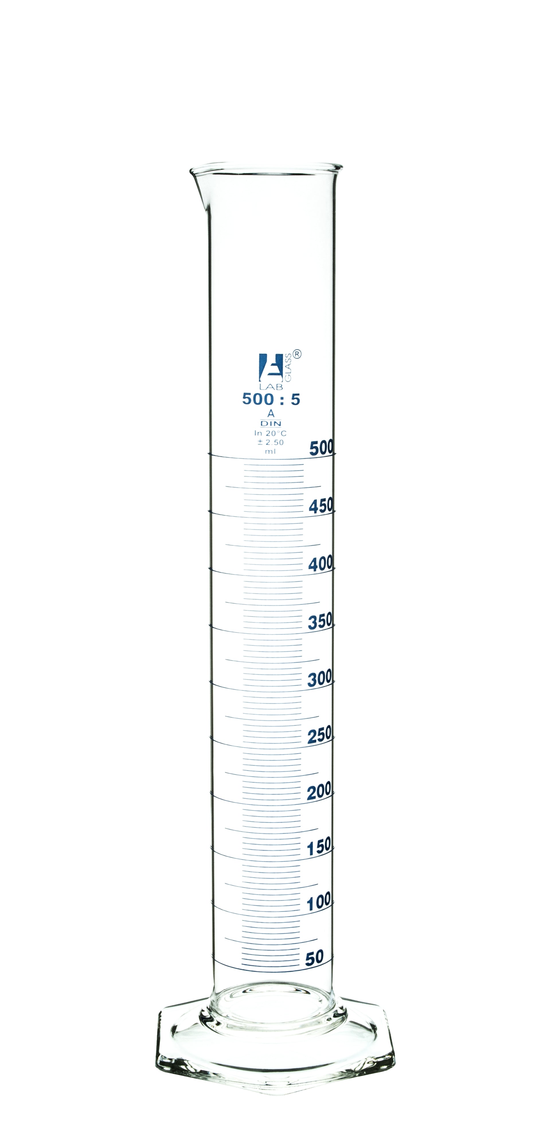 Cylinder Measuring Graduated, cap. 500ml., class 'A', Hex. base with spout, borosilicate glass, Blue Graduation - eiscoindustrial