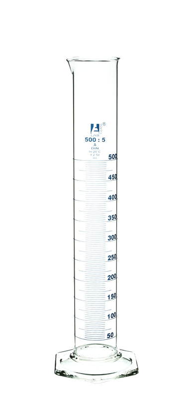 Cylinder Measuring Graduated, cap. 500ml., class 'A', Hex. base with spout, borosilicate glass, Blue Graduation - eiscoindustrial