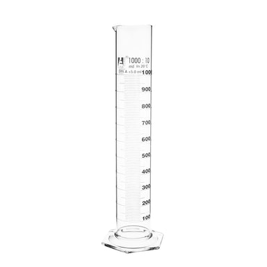 Cylinder Measuring Graduated, cap. 1000ml., class 'A', Hex. base with spout, borosilicate glass, White Graduation - eiscoindustrial