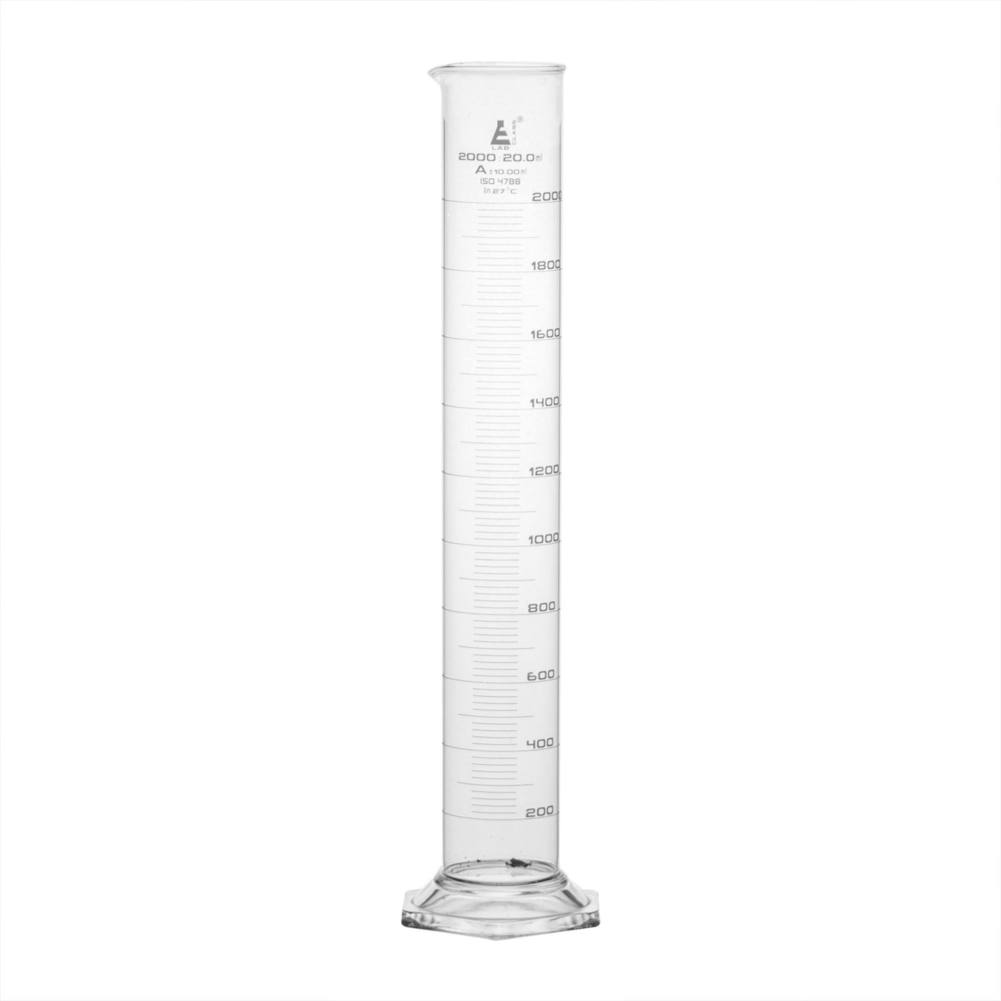 Cylinder Measuring Graduated, cap. 2000ml., class 'A', Hex. base with spout, borosilicate glass, White Graduation - eiscoindustrial