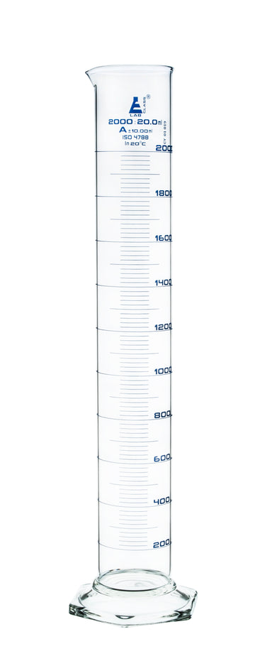 Cylinder Measuring Graduated, cap. 2000ml., class 'A', Hex. base with spout, borosilicate glass, Blue Graduation - eiscoindustrial