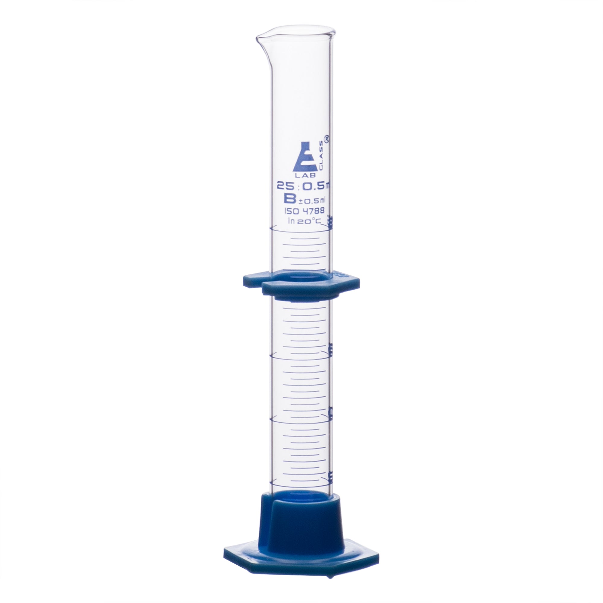 Cylinder Measuring Graduated, cap. 25ml., class 'B', detachable plastic hex. base with spout and protection collar, borosilicate glass, Blue Graduation - eiscoindustrial