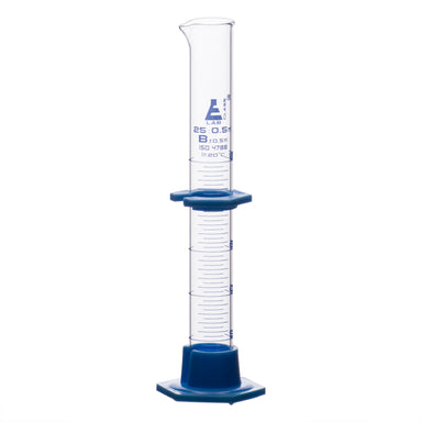 Cylinder Measuring Graduated, cap. 25ml., class 'B', detachable plastic hex. base with spout and protection collar, borosilicate glass, Blue Graduation - eiscoindustrial