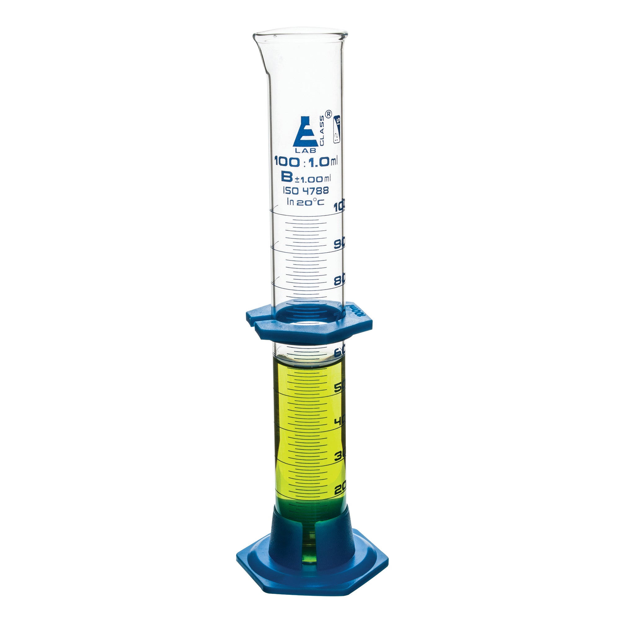 Cylinder Measuring Graduated, cap. 100ml., class 'B', detachable plastic hex. base with spout and protection collar, borosilicate glass, Blue Graduation - eiscoindustrial