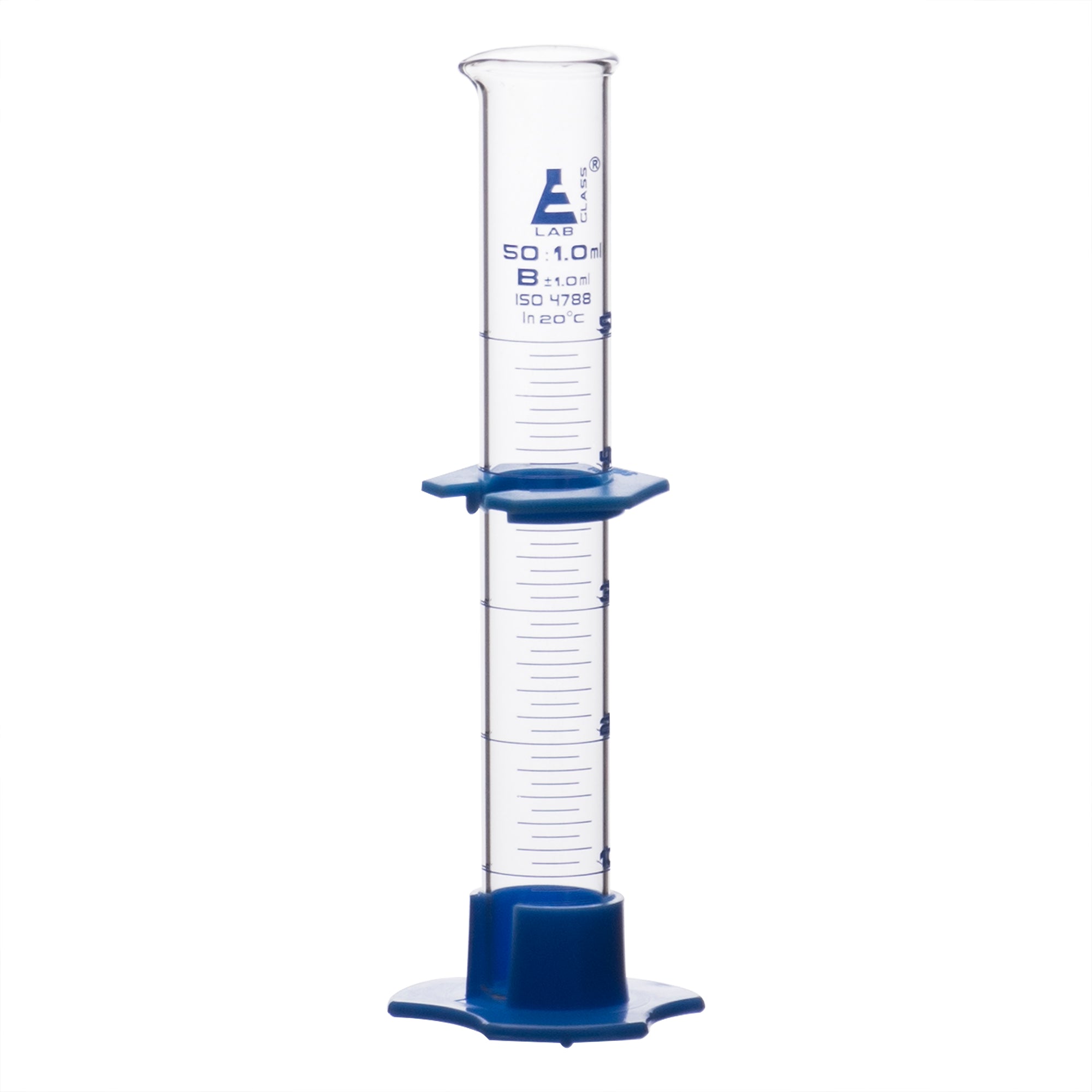 Cylinder Measuring Graduated, cap. 50ml., class 'B', detachable plastic hex. base with spout and protection collar, borosilicate glass, Blue Graduation - eiscoindustrial