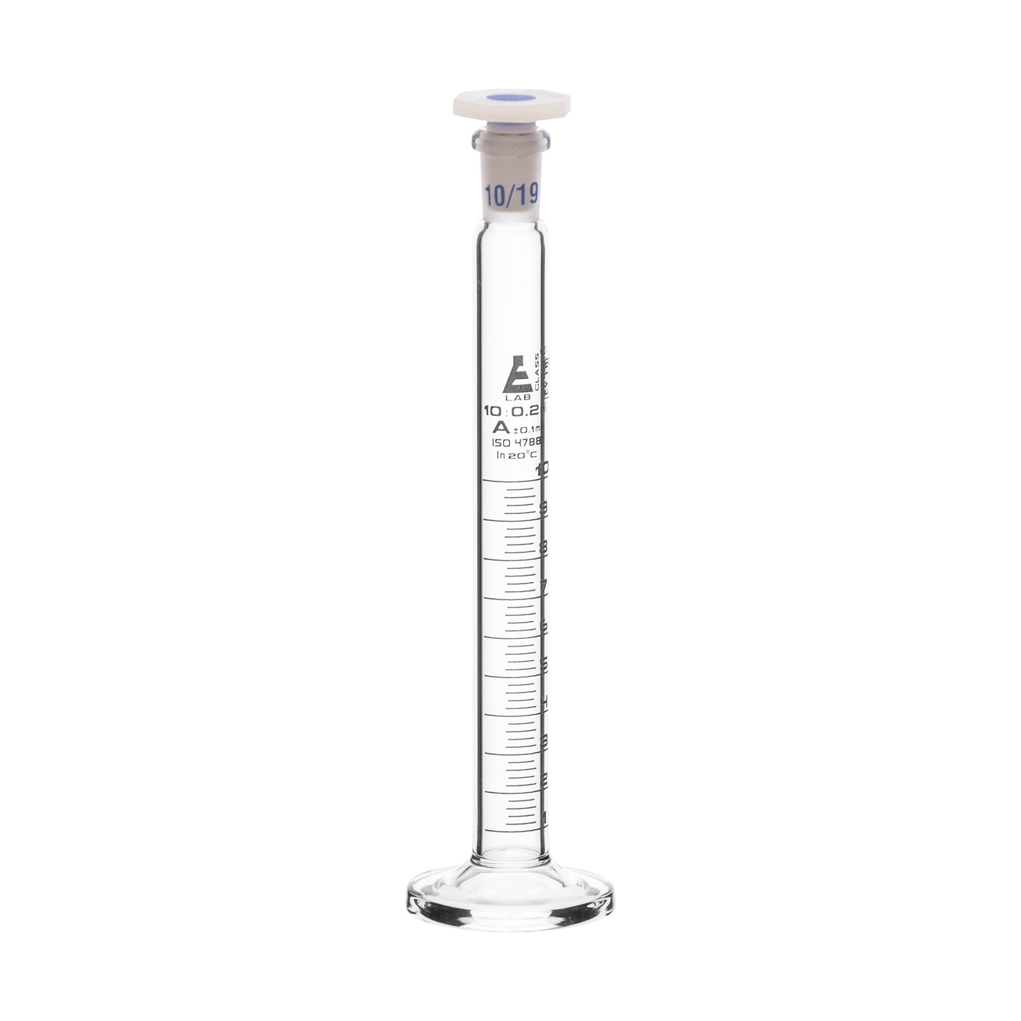 Cylinder Mixing Graduated, cap. 10ml., class 'A', glass round base, complete with interchangeable Glass stopper, borosilicate glass, White Graduation - eiscoindustrial