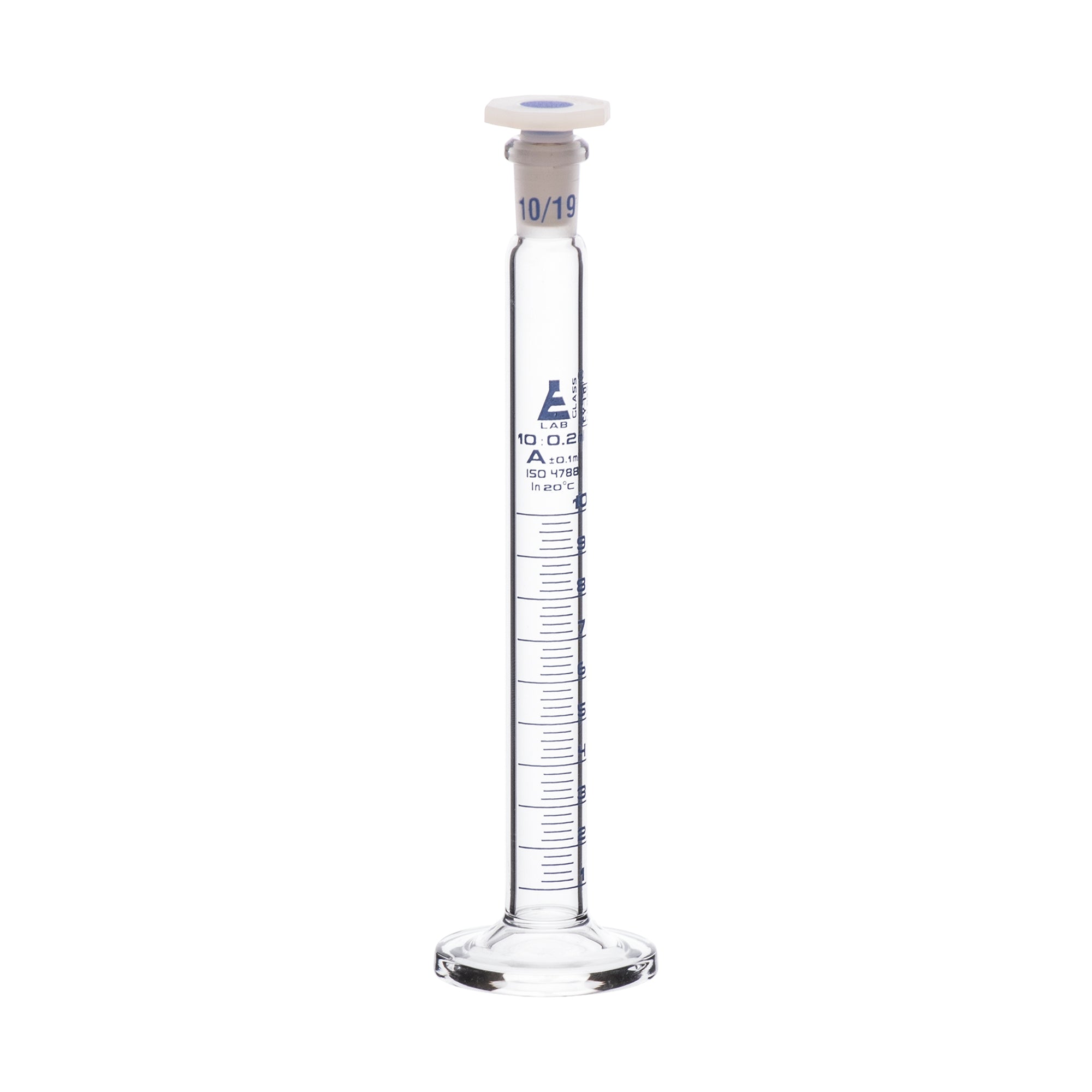 Cylinder Mixing Graduated, cap. 10ml., class 'A', glass round base, complete with interchangeable Glass  stopper, borosilicate glass, Blue Graduation - eiscoindustrial