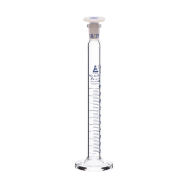 Cylinder Mixing Graduated, cap. 10ml., class 'A', glass round base, complete with interchangeable Glass  stopper, borosilicate glass, Blue Graduation - eiscoindustrial