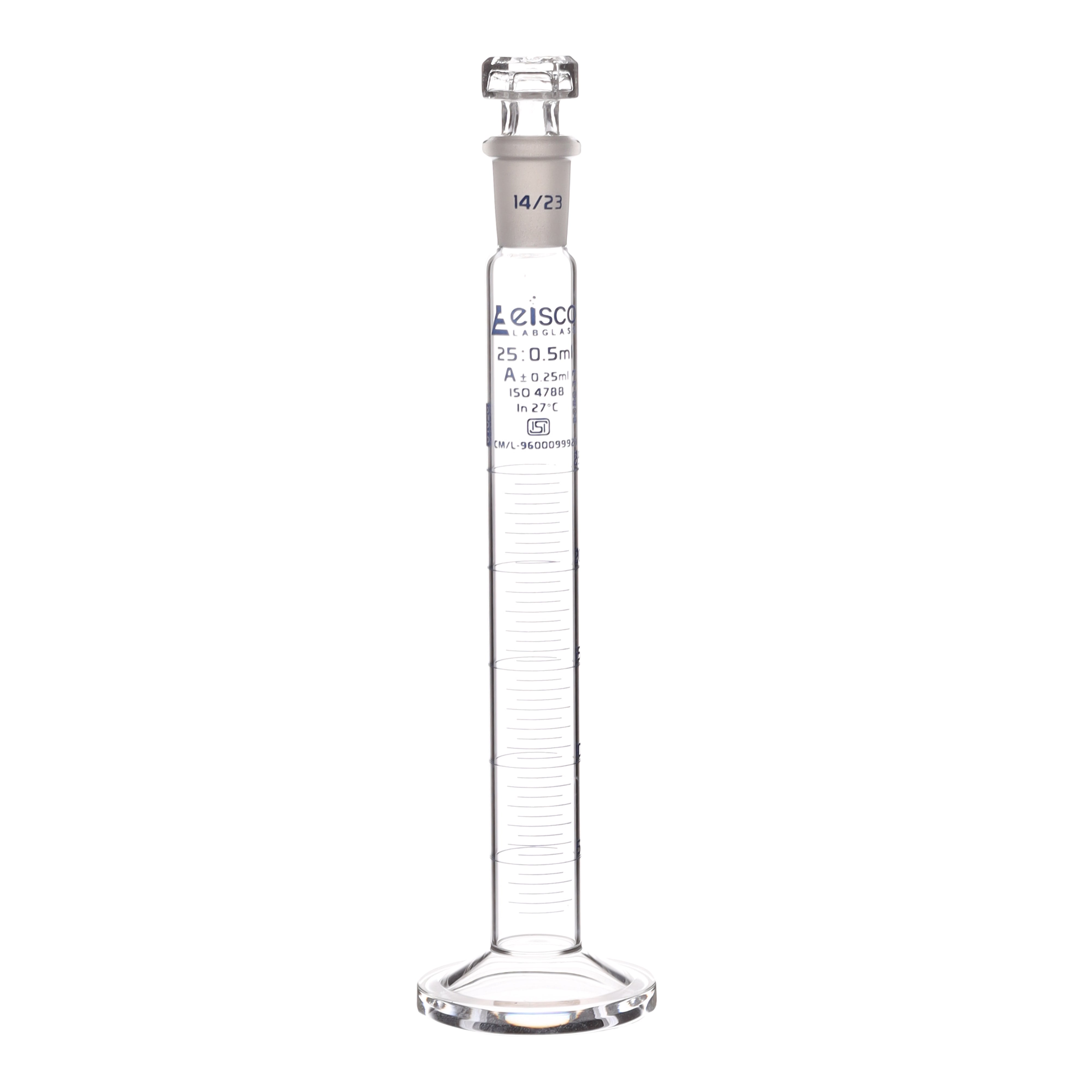 Cylinder Mixing Graduated, cap. 25ml., class 'A', glass round base, complete with interchangeable Glass stopper, borosilicate glass, Blue Graduation ISI
