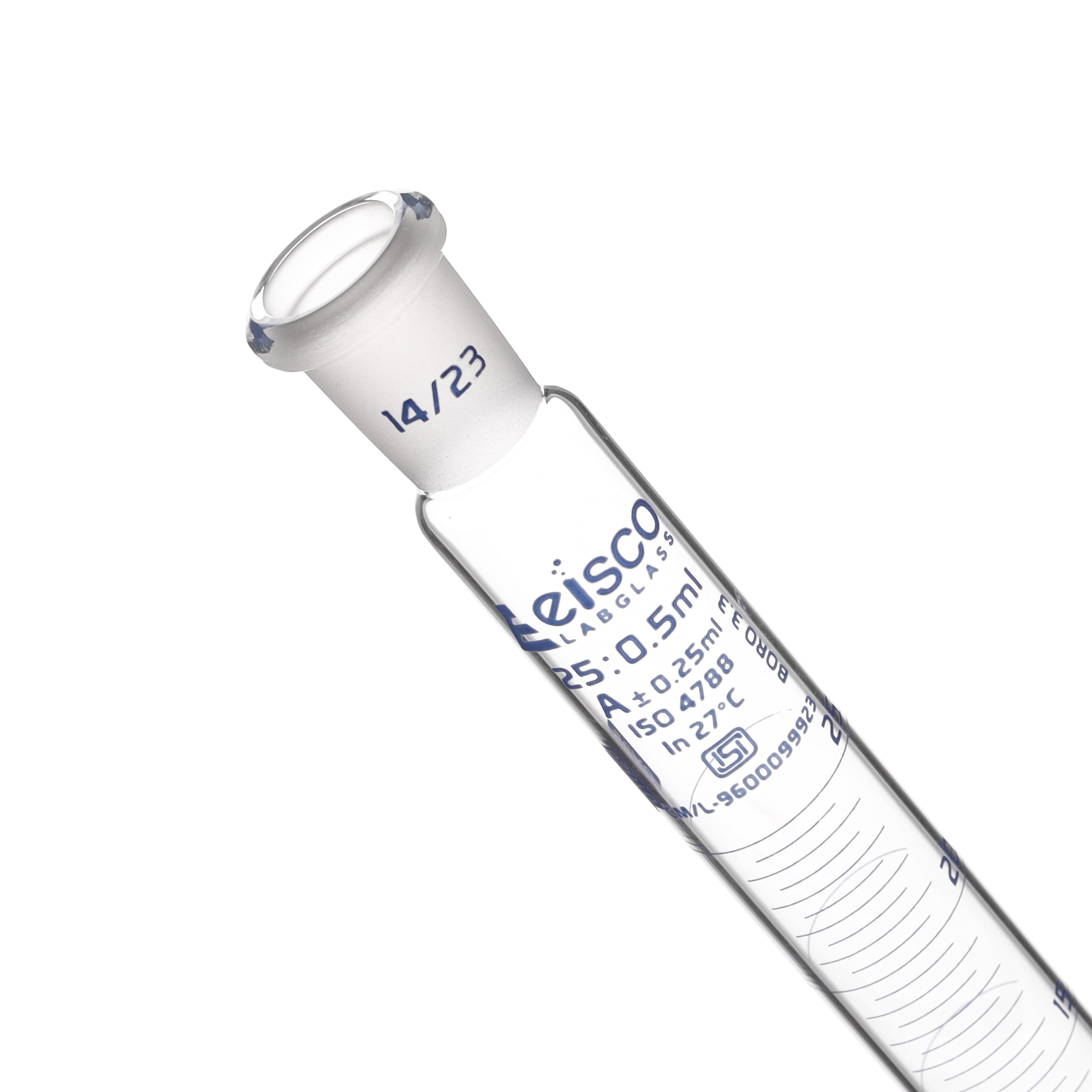 Cylinder Mixing Graduated, cap. 25ml., class 'A', glass round base, complete with interchangeable Glass stopper, borosilicate glass, Blue Graduation ISI