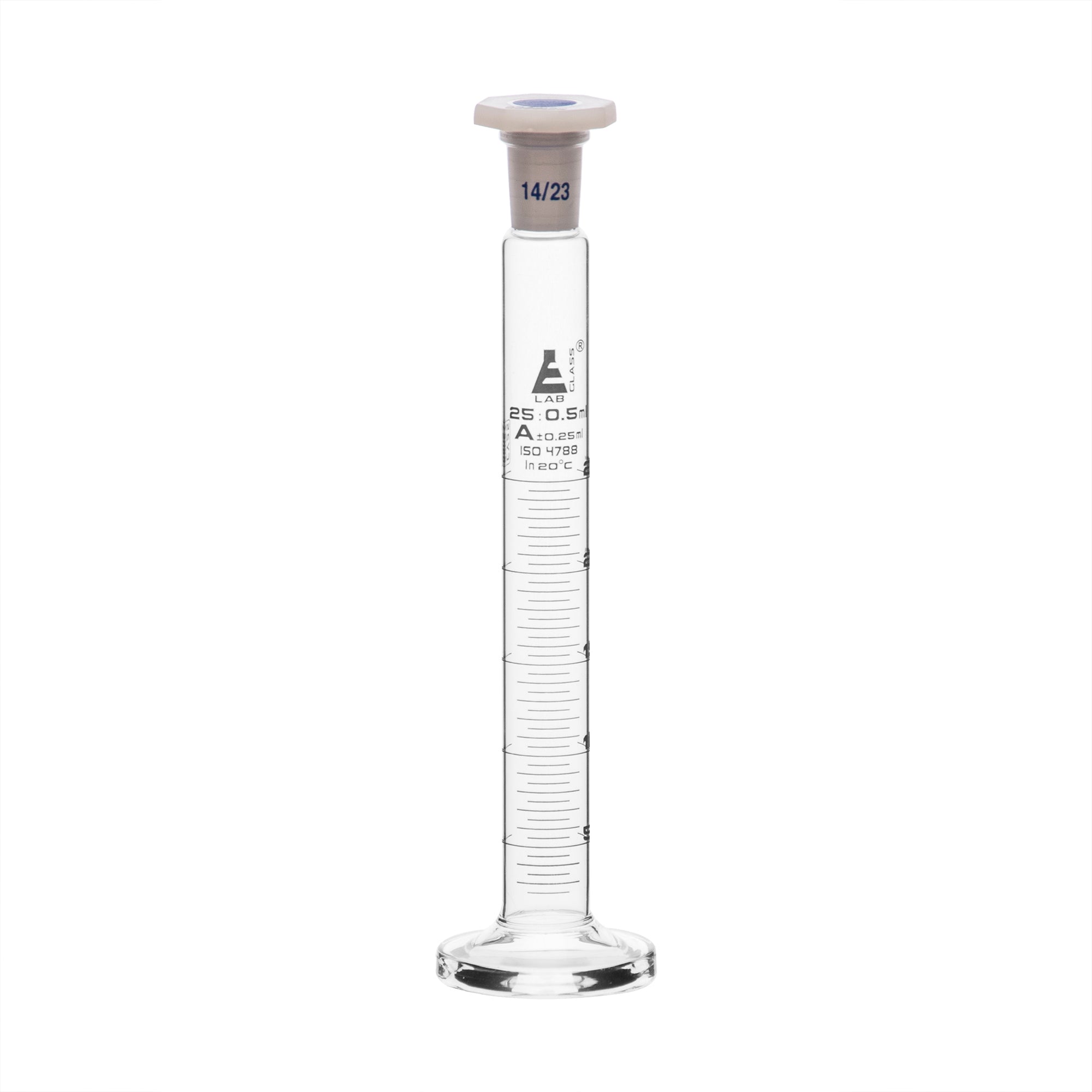 Cylinder Mixing Graduated, cap. 25ml., class 'A', glass round base, complete with interchangeable Glass stopper, borosilicate glass, White Graduation - eiscoindustrial