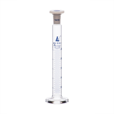 Cylinder Mixing Graduated, cap. 25ml., class 'A', glass round base, complete with interchangeable Glass stopper, borosilicate glass, Blue Graduation - eiscoindustrial