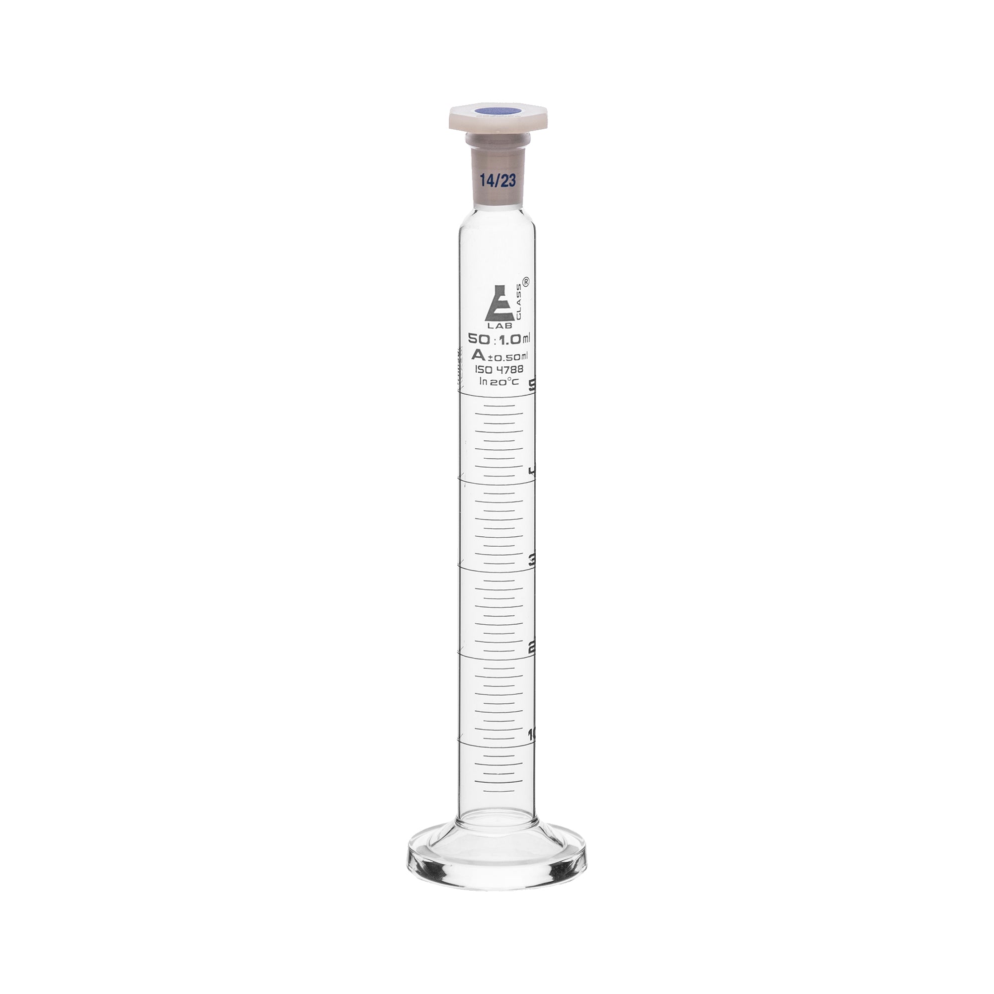 Cylinder Mixing Graduated, cap. 50ml., class 'A', glass round base, complete with interchangeable Glass stopper, borosilicate glass, White Graduation - eiscoindustrial