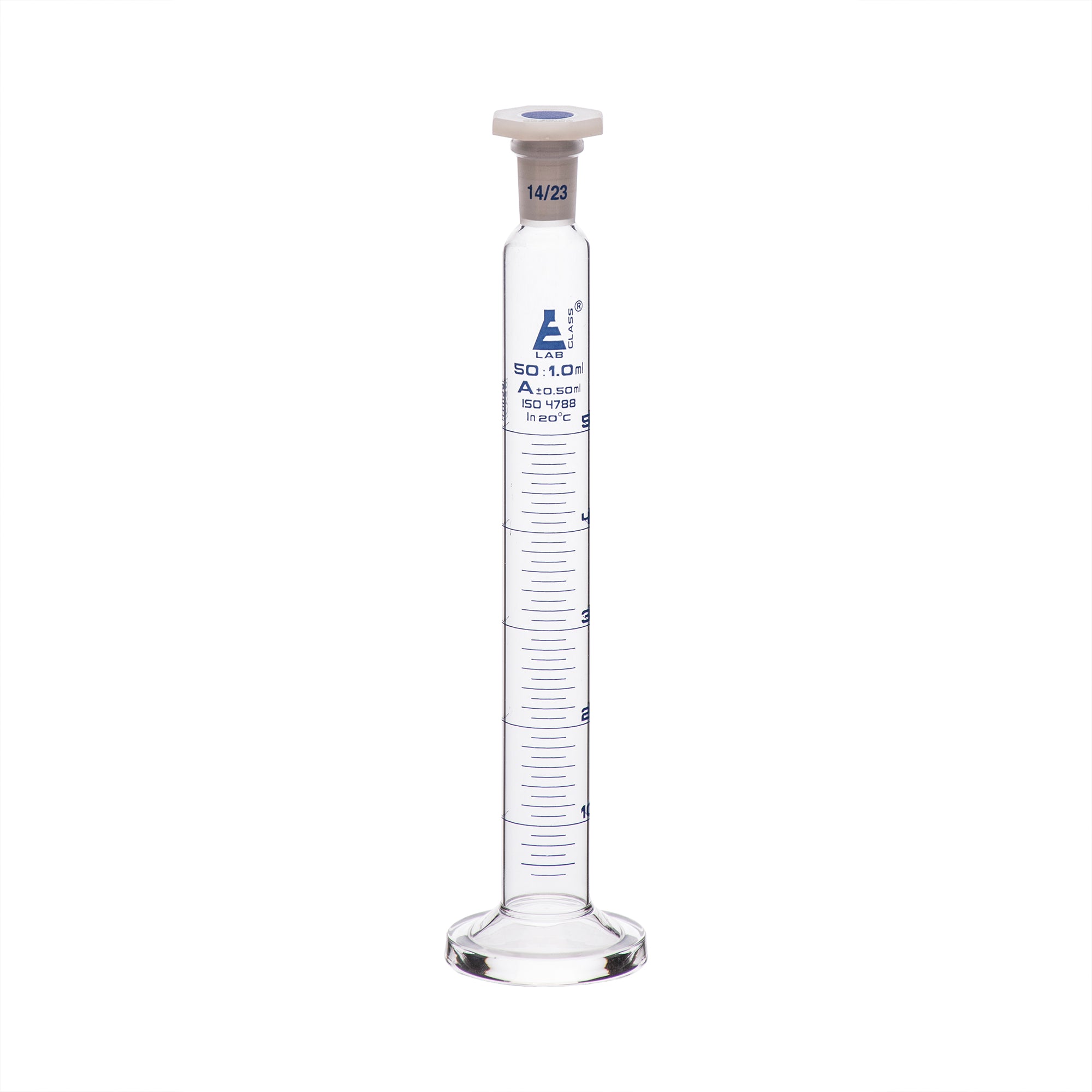 Cylinder Mixing Graduated, cap. 50ml., class 'A', glass round base, complete with interchangeable Glass stopper, borosilicate glass, Blue Graduation - eiscoindustrial