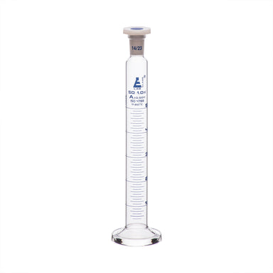 Cylinder Mixing Graduated, cap. 50ml., class 'A', glass round base, complete with interchangeable Glass stopper, borosilicate glass, Blue Graduation - eiscoindustrial