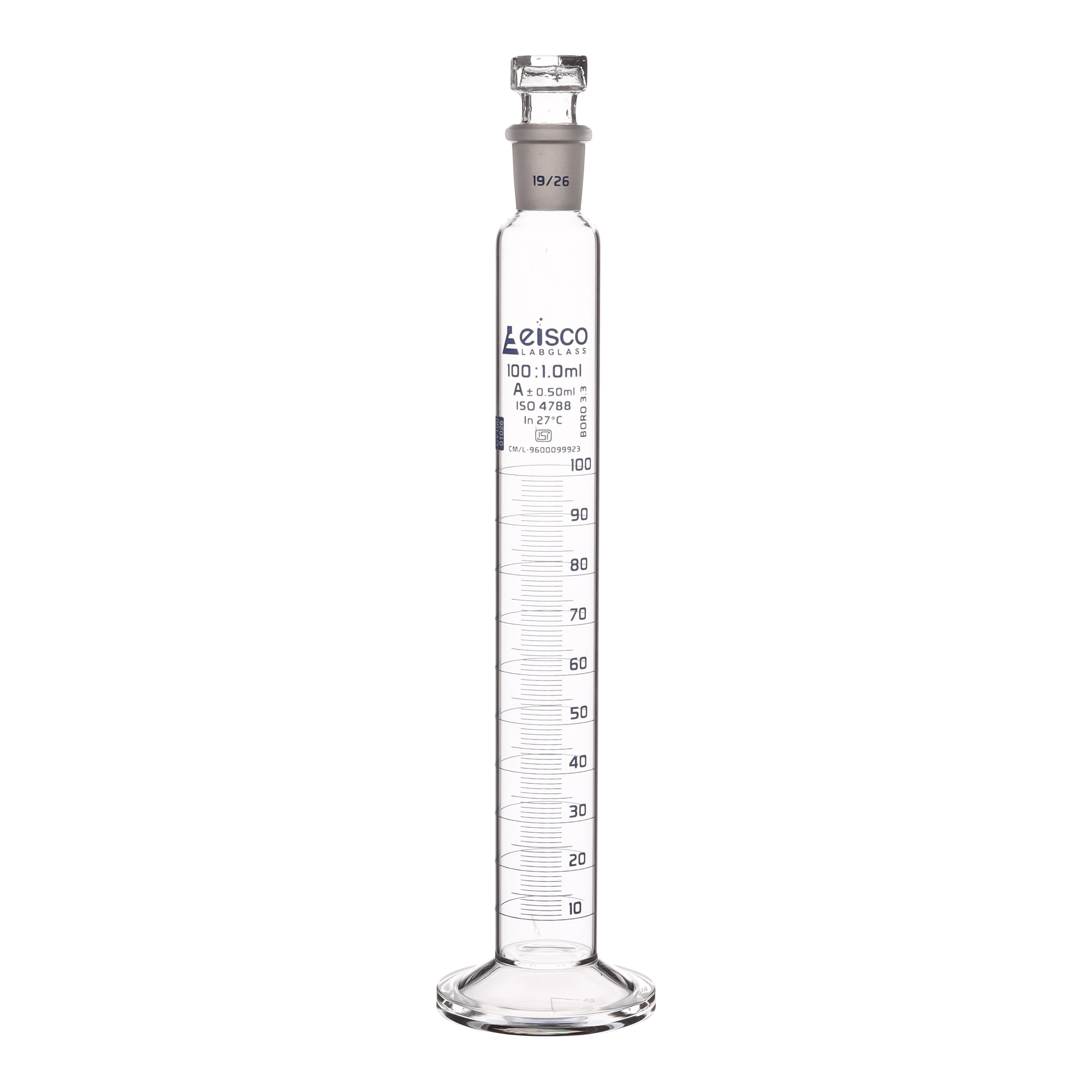 Cylinder Mixing Graduated, cap. 100ml., class 'A', glass round base, complete with interchangeable Glass stopper, borosilicate glass, White Graduation ISI