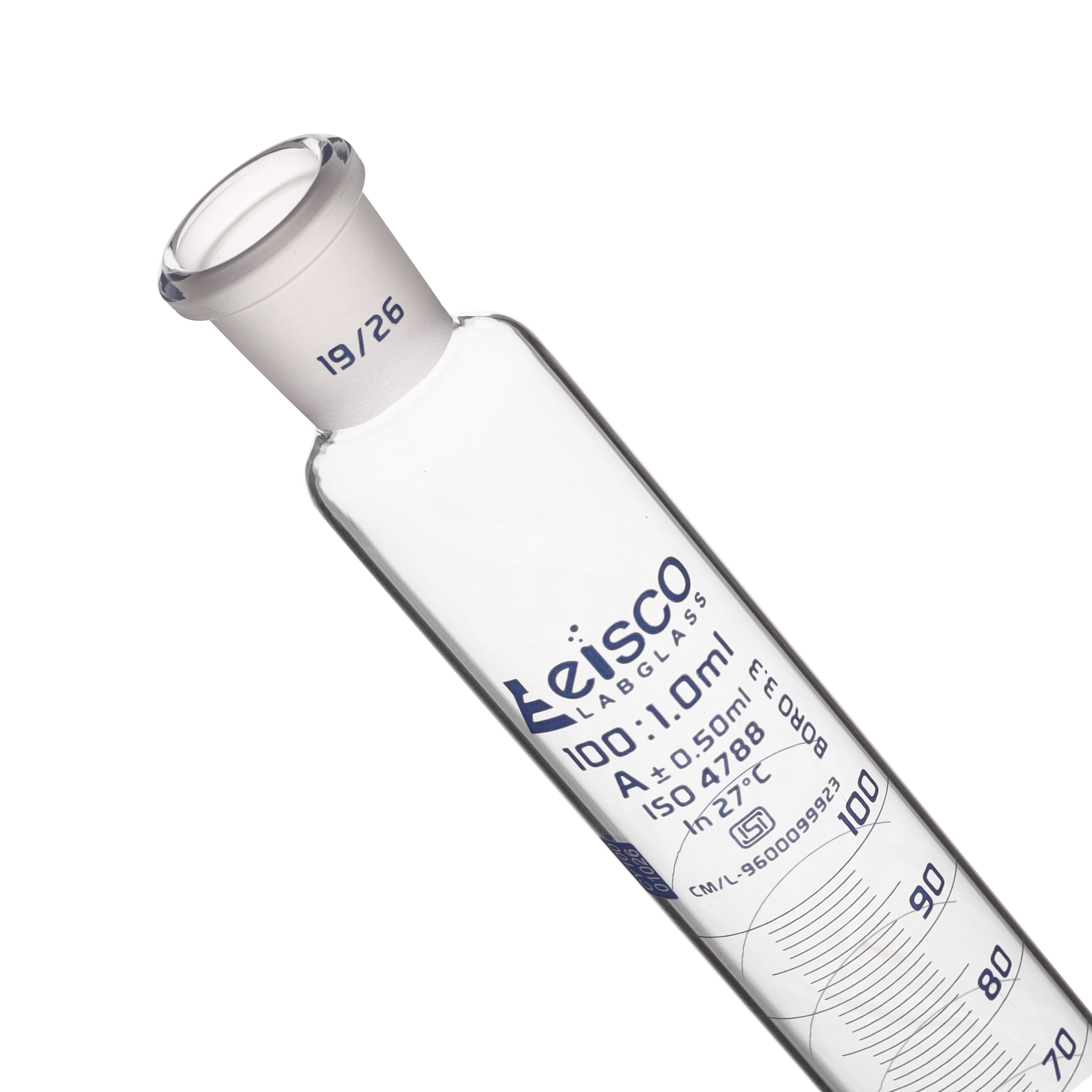 Cylinder Mixing Graduated, cap. 100ml., class 'A', glass round base, complete with interchangeable Glass stopper, borosilicate glass, White Graduation ISI