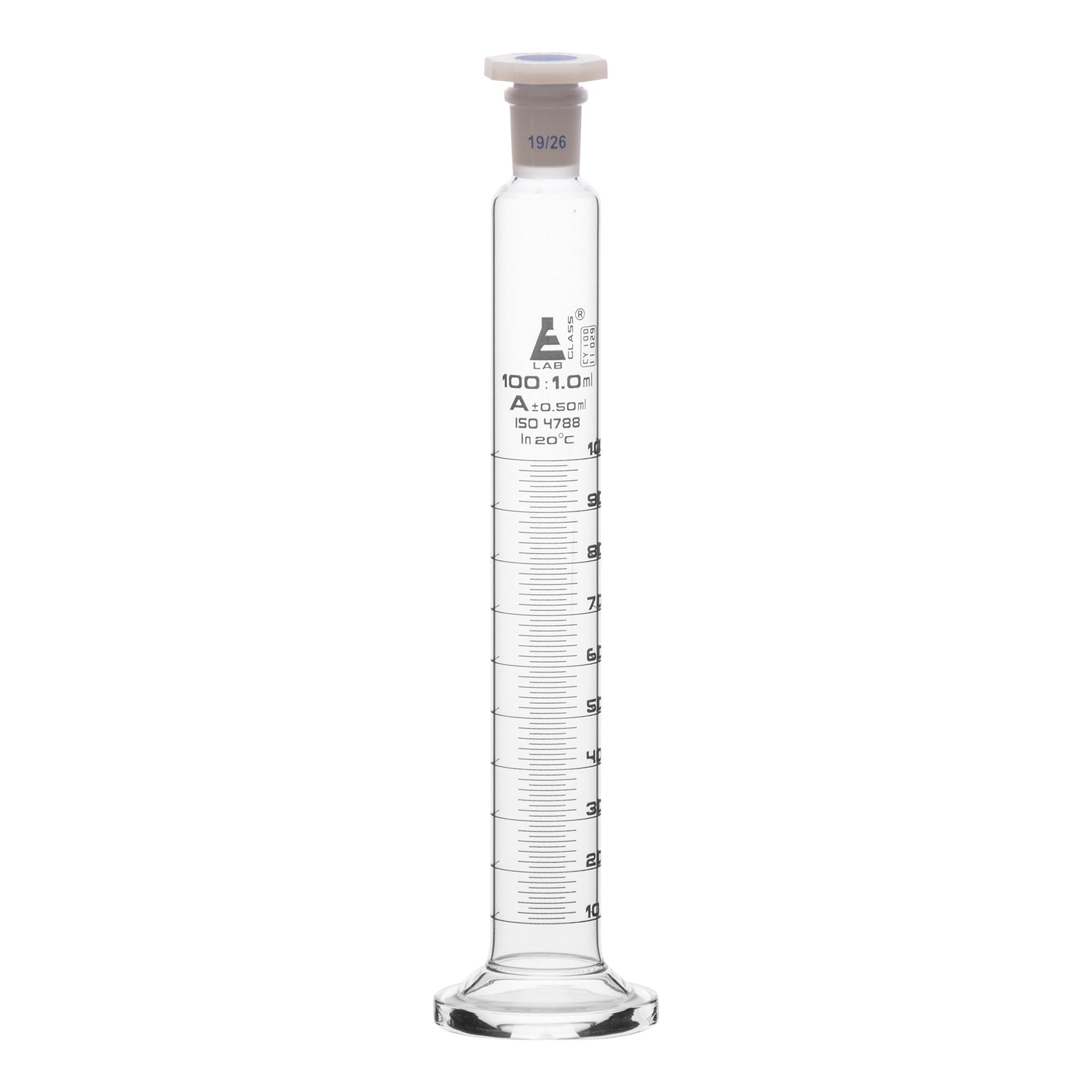 Cylinder Mixing Graduated, cap. 100ml., class 'A', glass round base, complete with interchangeable Glass stopper, borosilicate glass, White Graduation - eiscoindustrial