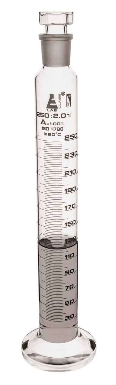 Cylinder Mixing Graduated, cap. 250ml., class 'A', glass round base, complete with interchangeable Glass stopper, borosilicate glass, White Graduation - eiscoindustrial