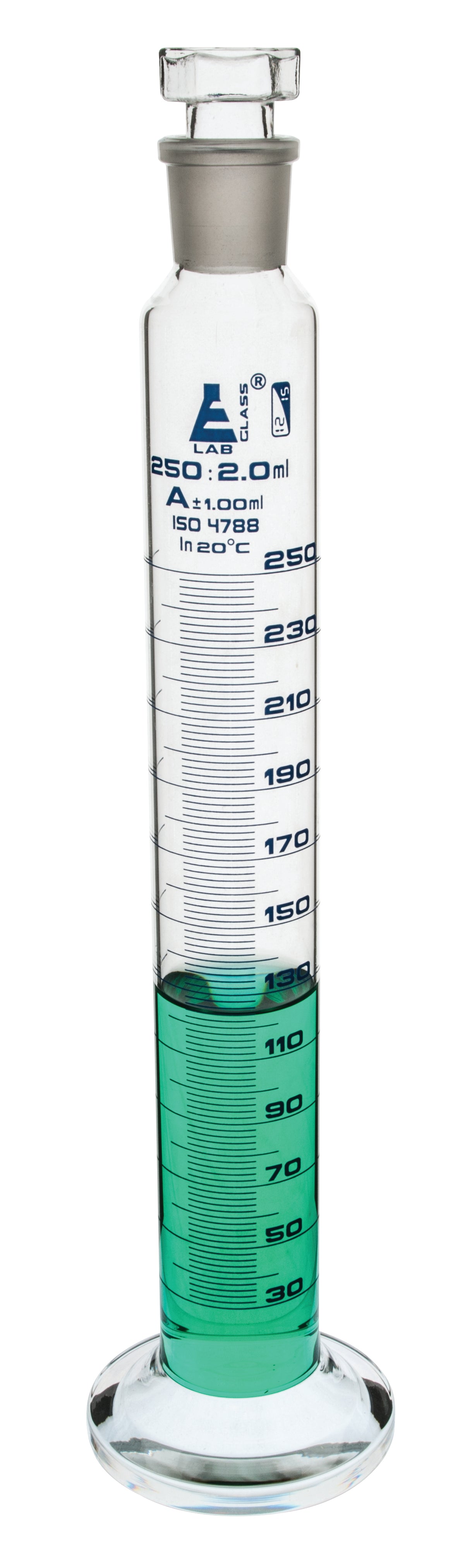 Cylinder Mixing Graduated, cap. 250ml., class 'A', glass round base, complete with interchangeable Glass stopper, borosilicate glass, Blue Graduation - eiscoindustrial